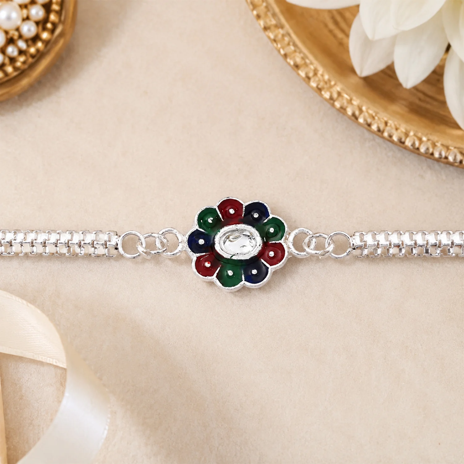 Colorful Petal Rakhi – Elegant Silver Chain for Raksha Bandhan - Image 4