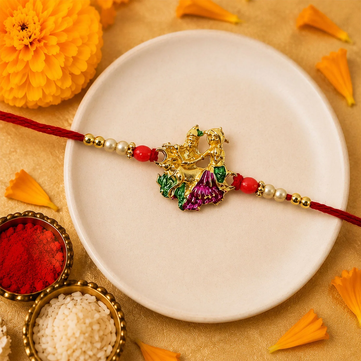 Colorful Meenakari Radhe Krishna Rakhi – Elegant Traditional Design - Image 3