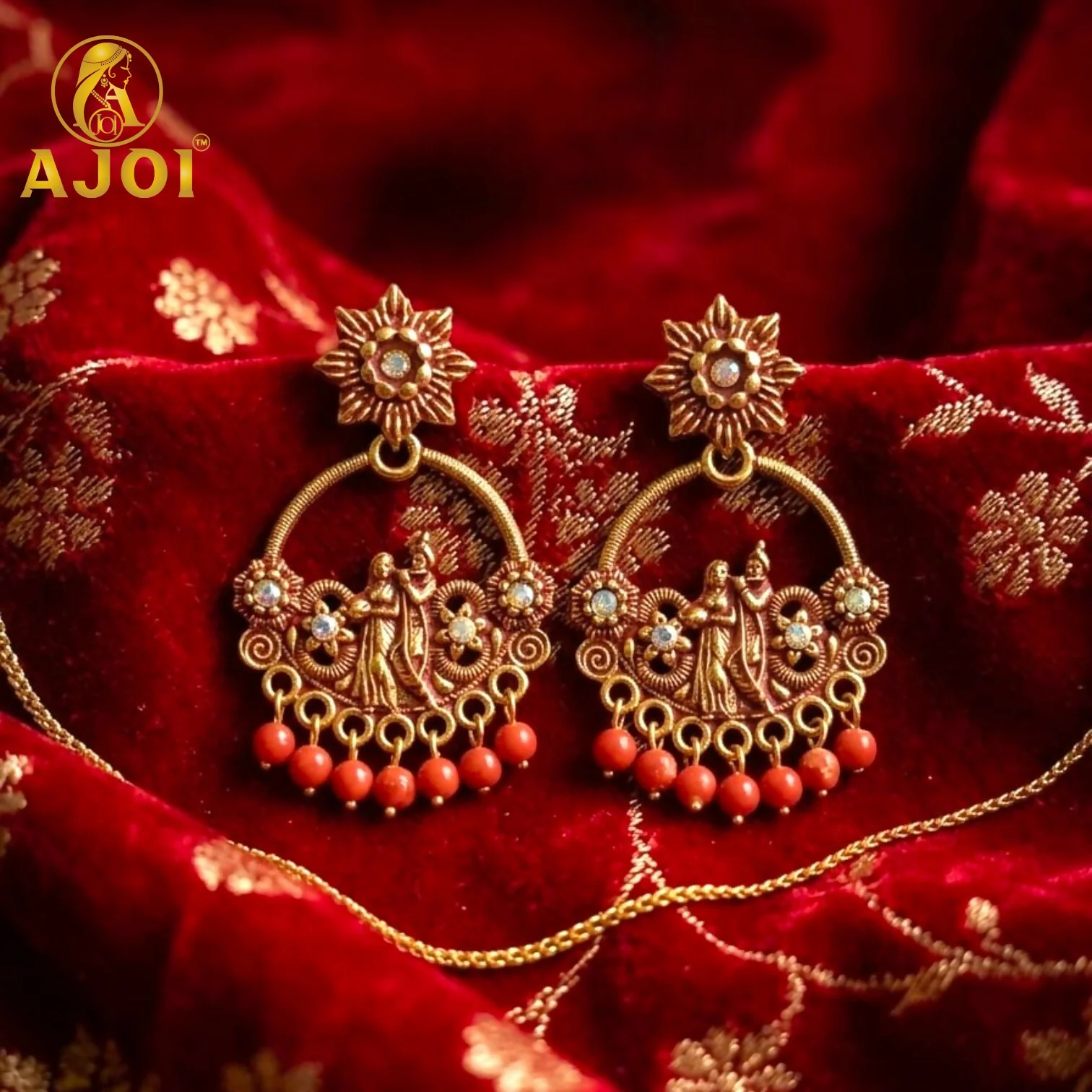 Radha Krishna Antique Chandbali Earrings – Traditional Floral Design - Image 3