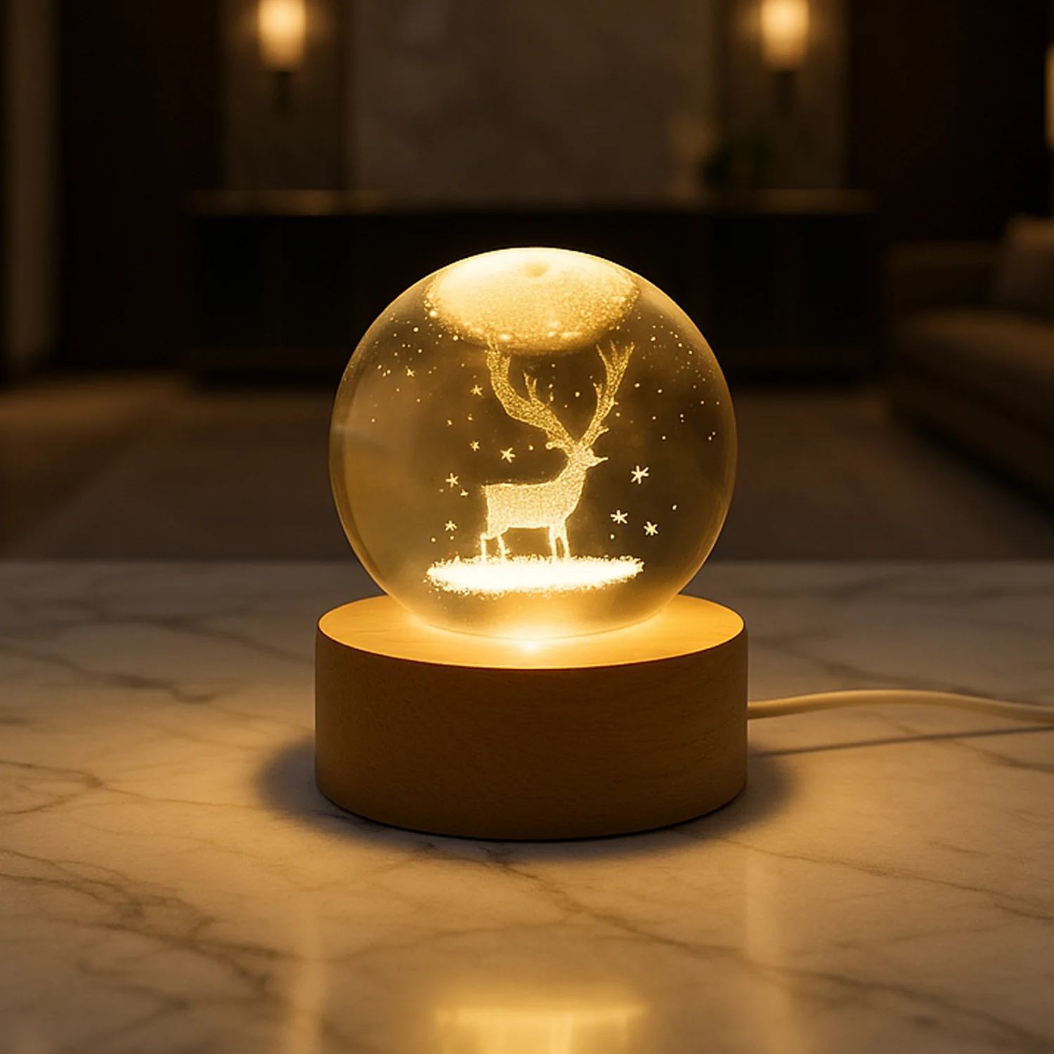 Crystal Ball Night Light – Engraved Glass with Wood Base - Image 9