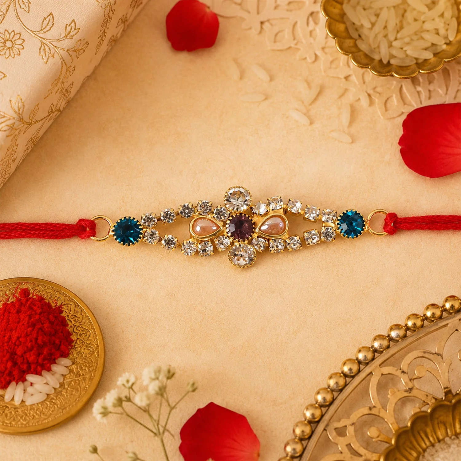 Crystal Flower Blue Stone Rakhi for Brother Bhai Raksha Bandhan Festival Special Gift - Image 2