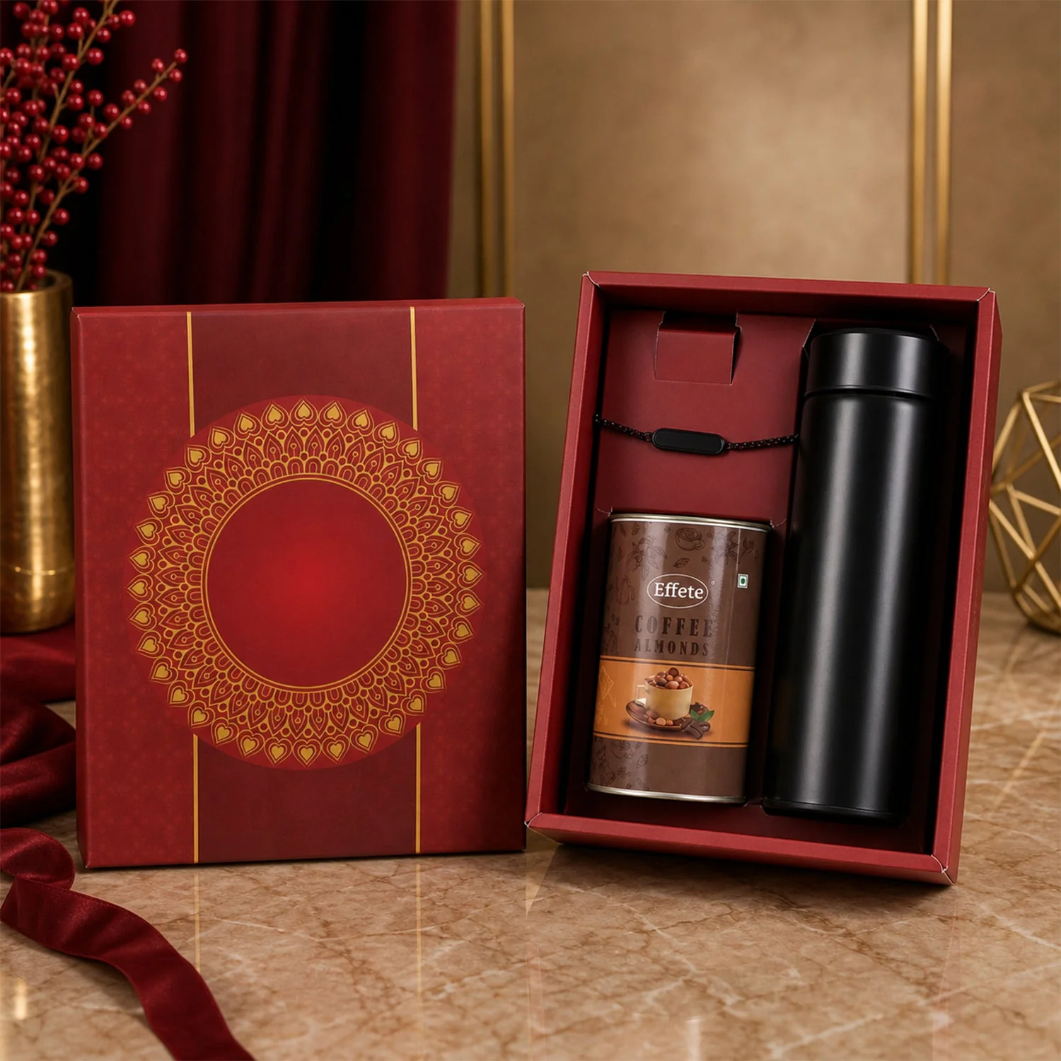 Customize Black Rakhi – Elegant Gift for Brothers with Chocolate & Bottle - Image 4