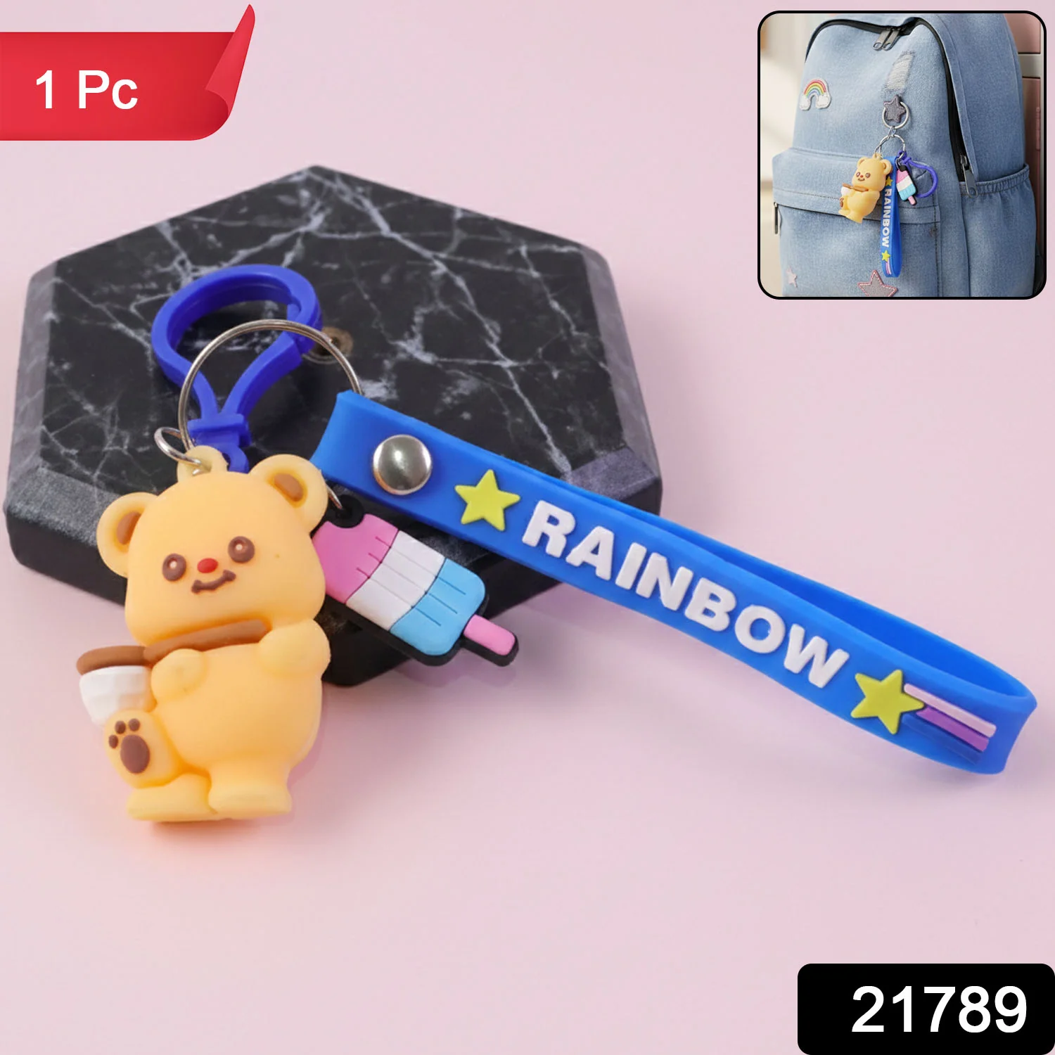 Cute Bear Cartoon Keychain – Rainbow Strap and Mini Popsicle Charm - Image 2