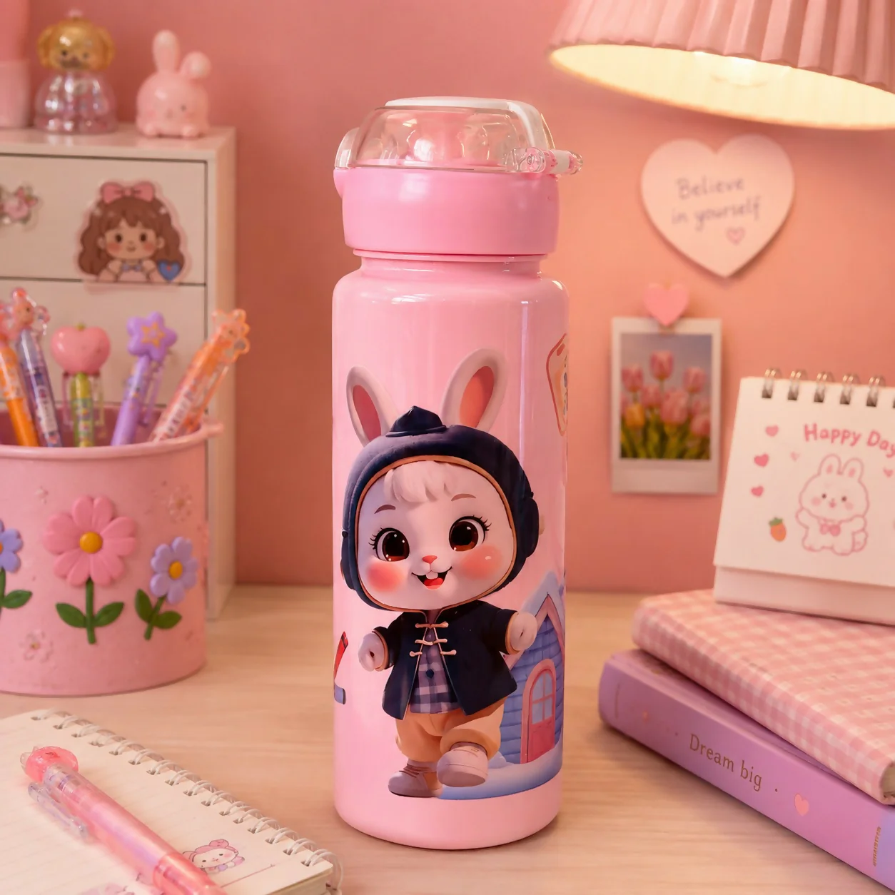 Kids Water Bottle – Adorable Bunny Design with Leakproof Flip Lid - Image 2