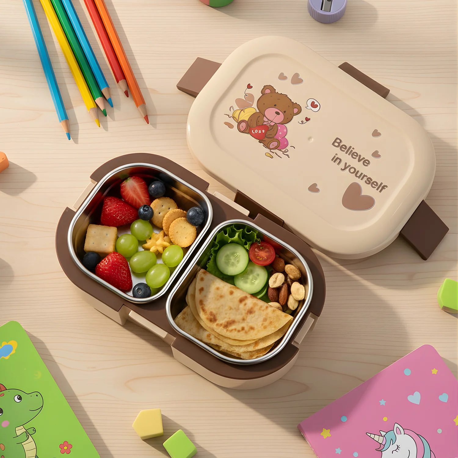 Kids Lunch Box – Cute Teddy Printed 500 ML with Stainless Steel Containers - Image 8