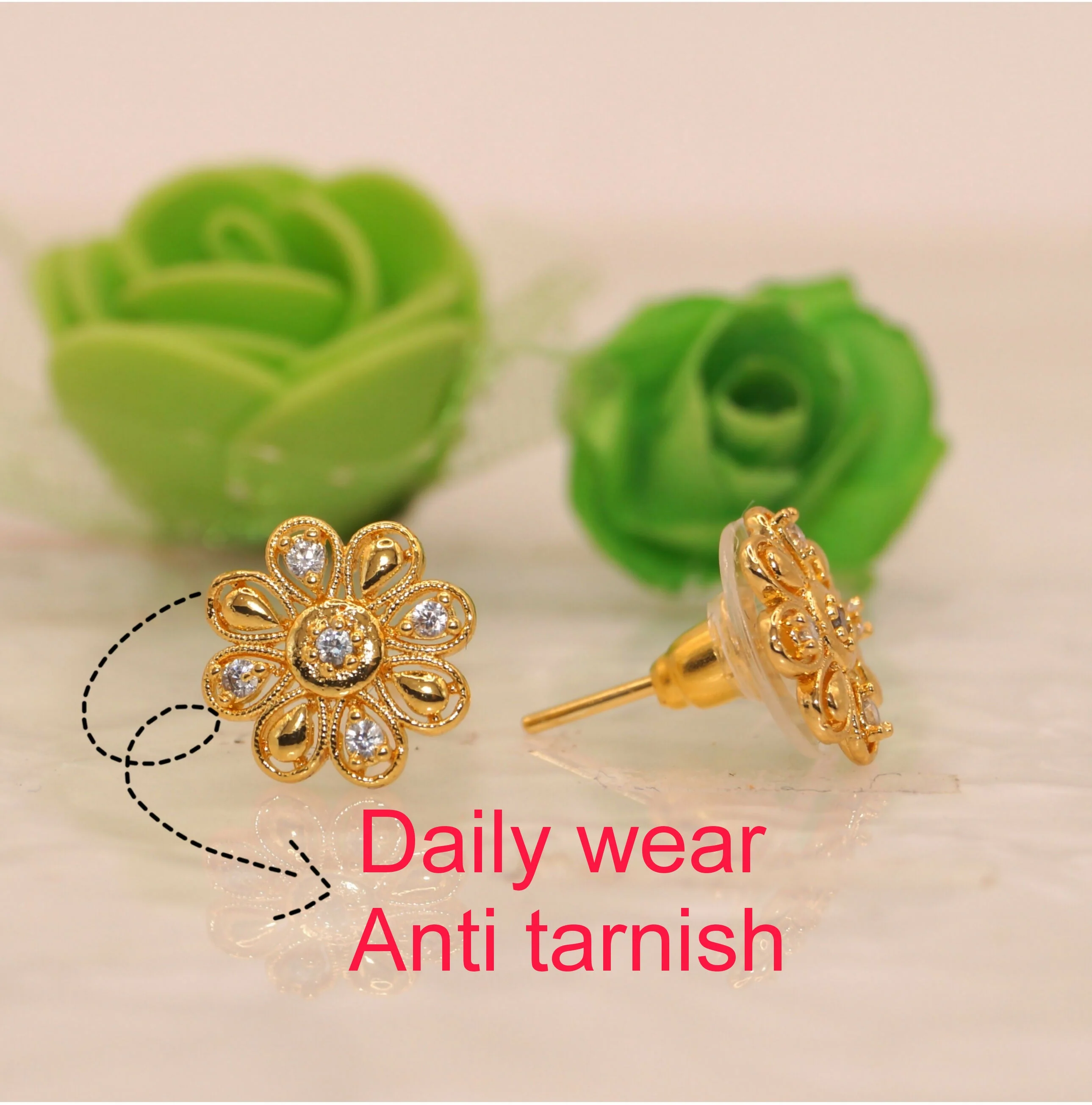 Gold Plated Floral Stud Earrings – Elegant Everyday Wear - Image 3