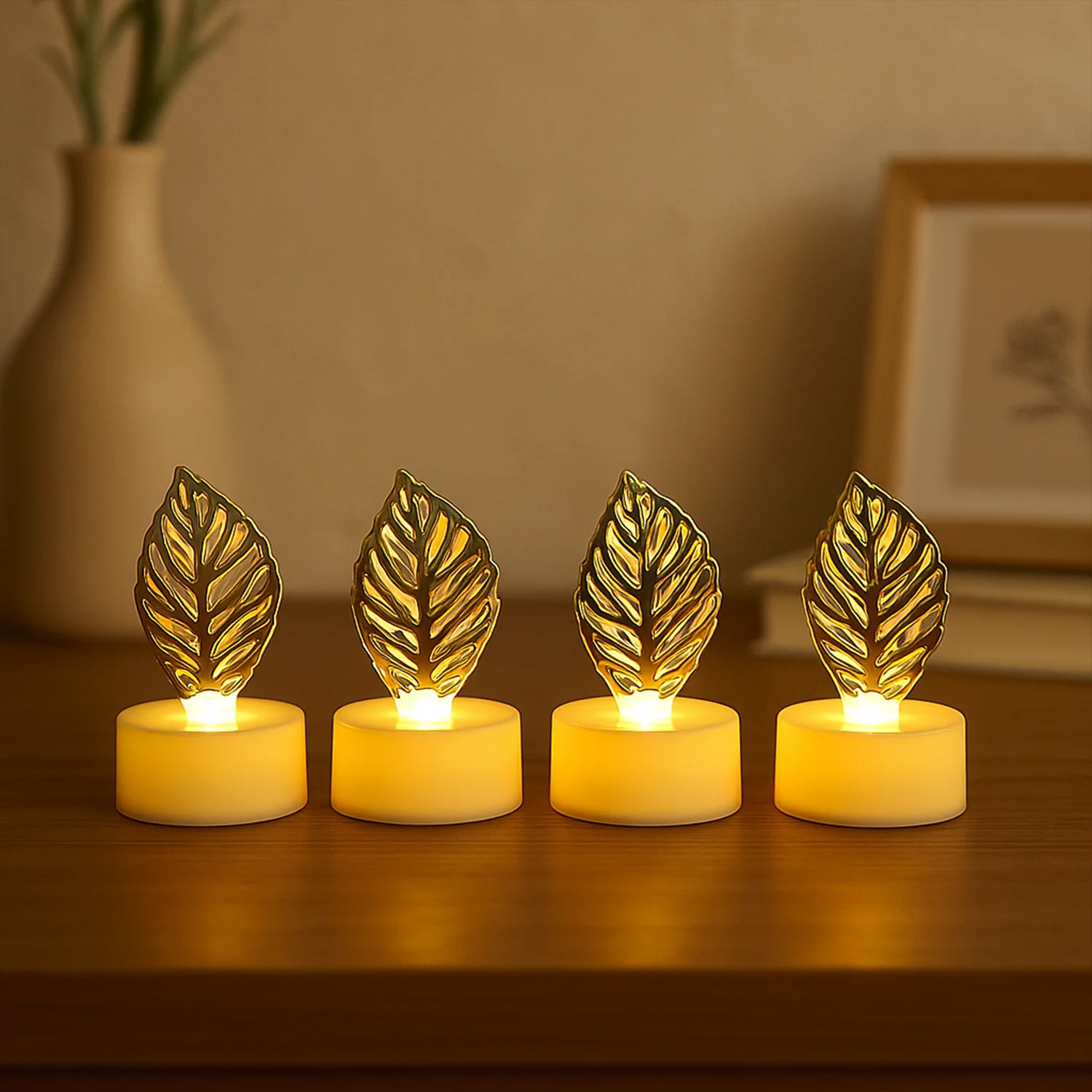 Golden Leaf LED Candles – Set of 4 Flameless Decorative Lights - Image 3