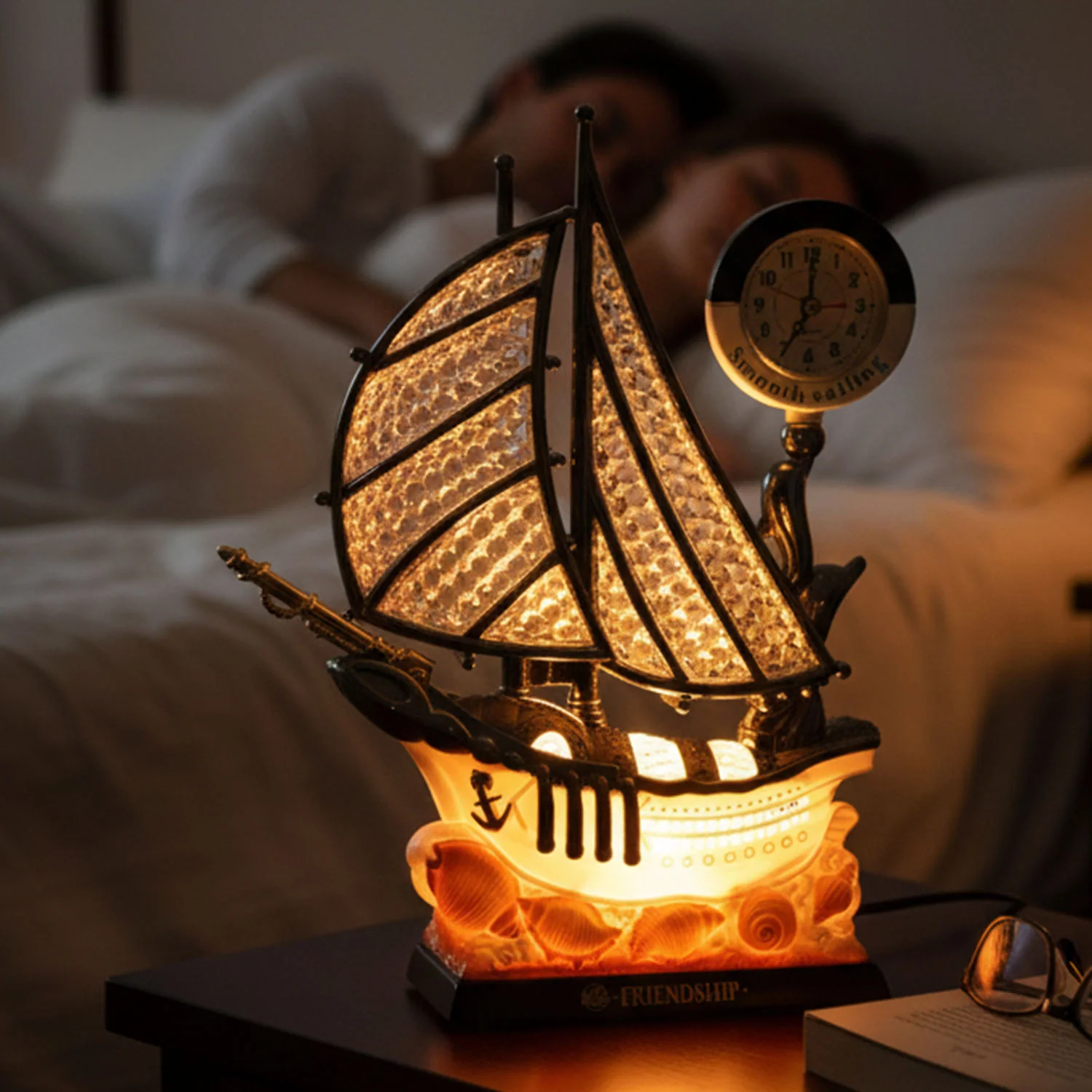 Ship Shape Clock Lamp – Nautical Decorative Table Lamp with Warm LED - Image 4