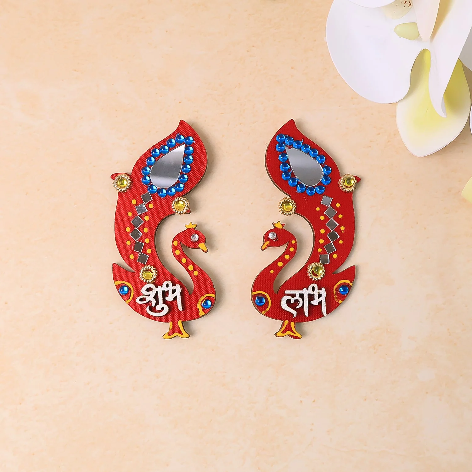 Shubh Labh Wall Hanging – Traditional Peacock Wooden Décor Set - Image 3