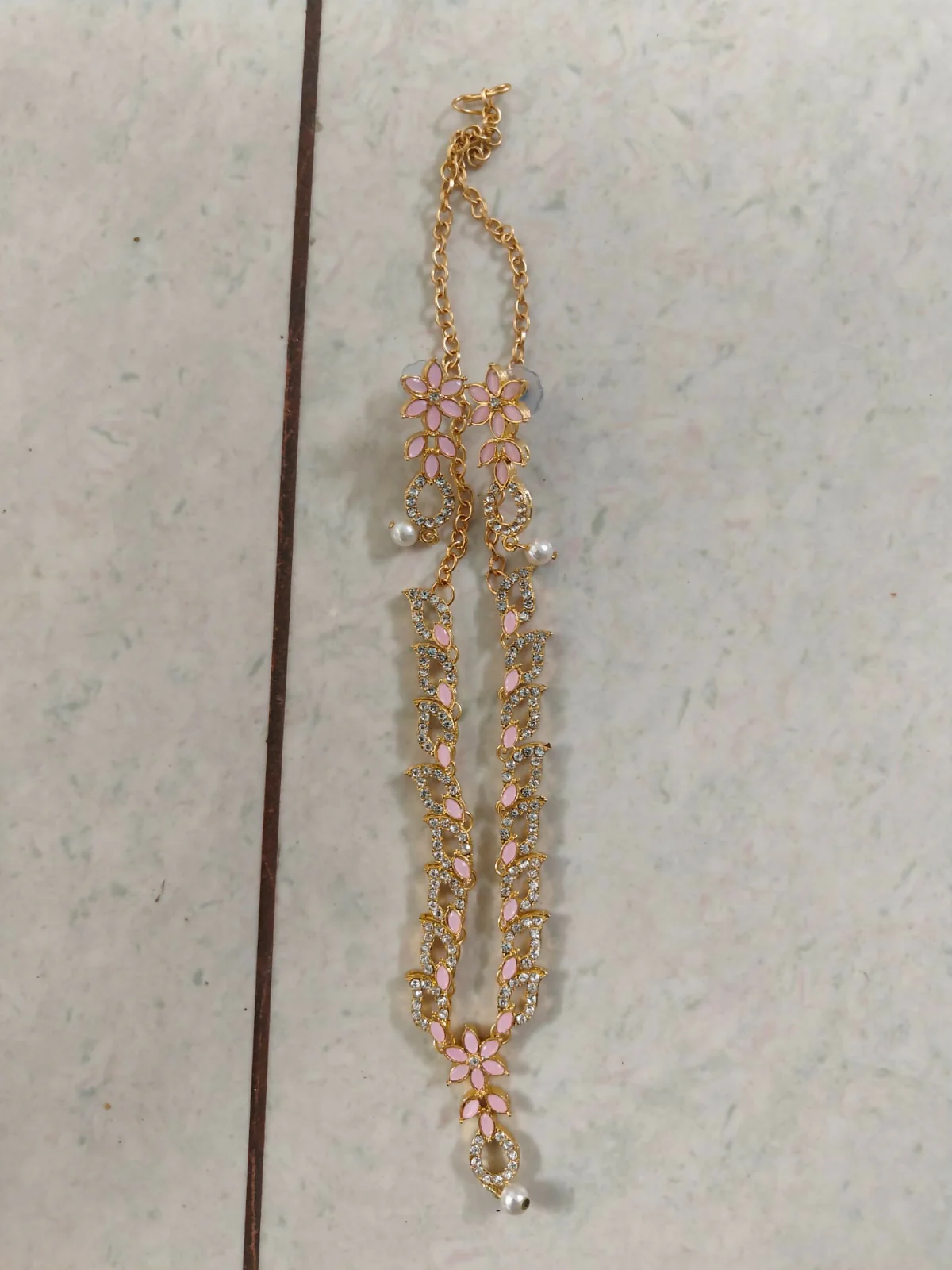 Baby Pink Floral Crystal Necklace Set – Elegant Pearl Drop - Image 5