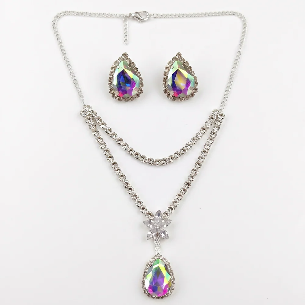 Designer Aurora Crystal Pendant Necklace Set with Rainbow Teardrop Earrings for Women - Image 3