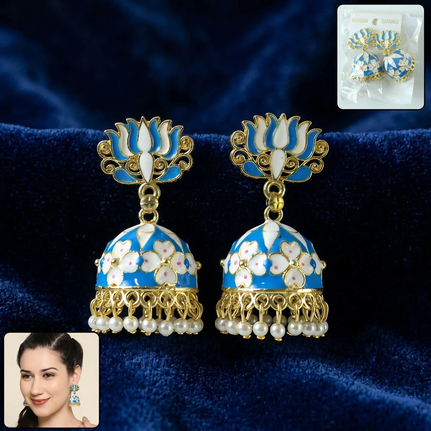 Blue Lotus Jhumka Earrings – Elegant Pearl Drop Design