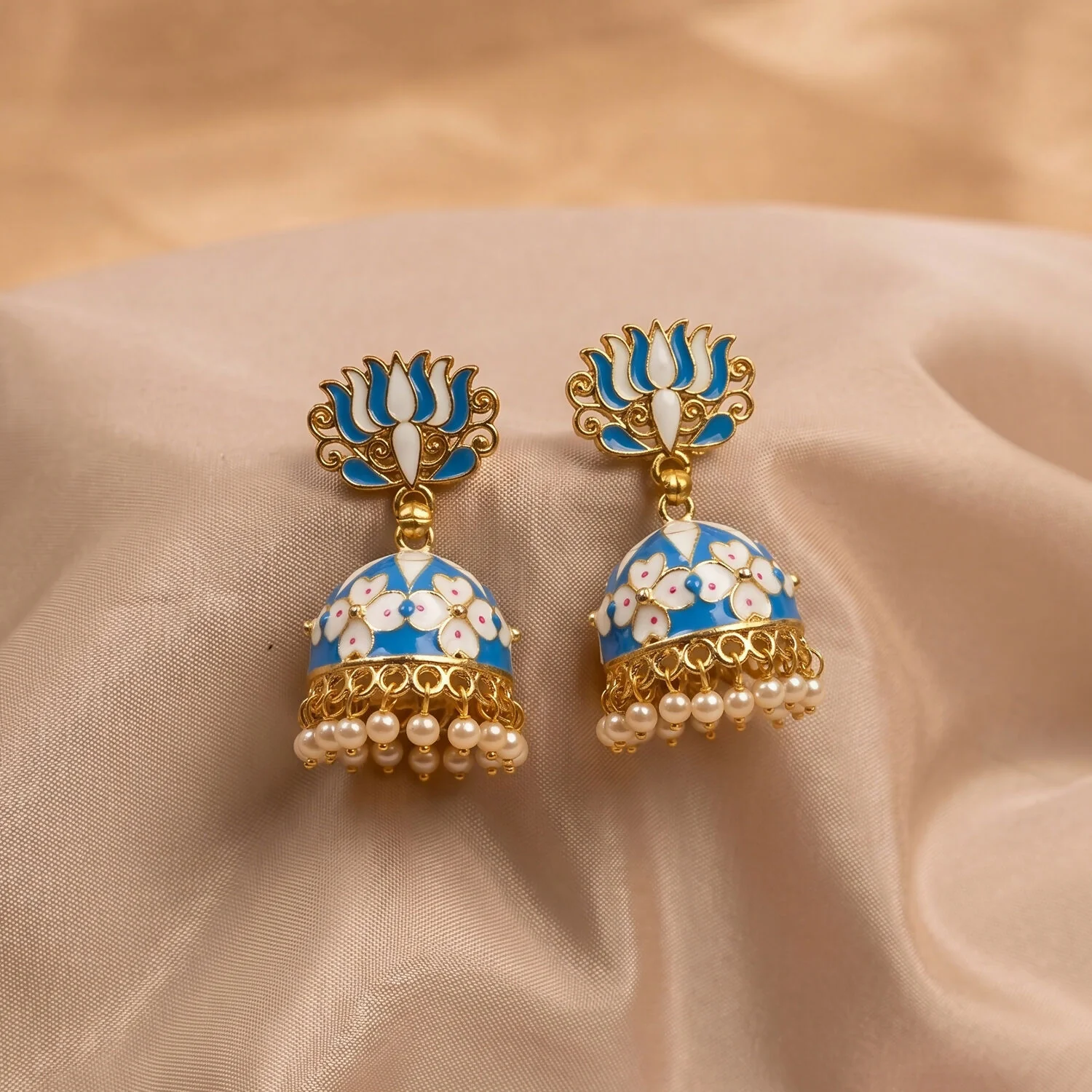 Blue Lotus Jhumka Earrings – Elegant Pearl Drop Design - Image 2