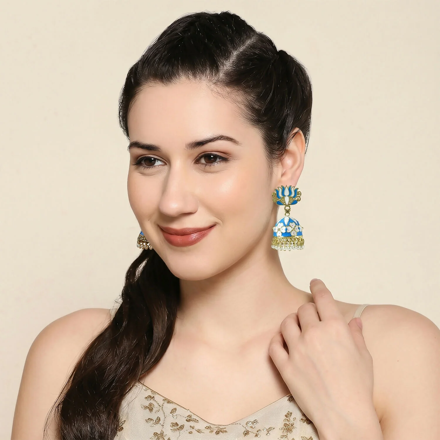 Blue Lotus Jhumka Earrings – Elegant Pearl Drop Design - Image 3