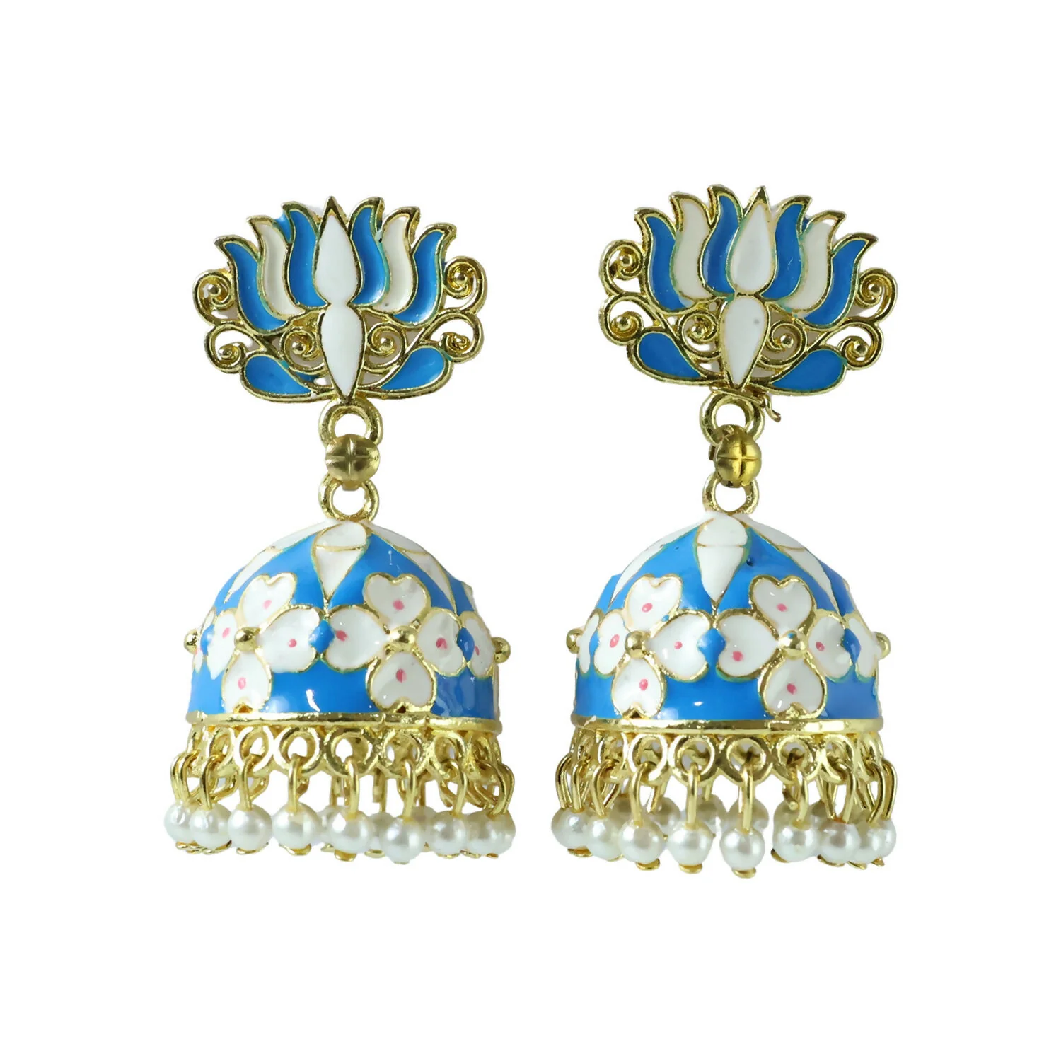 Blue Lotus Jhumka Earrings – Elegant Pearl Drop Design - Image 4