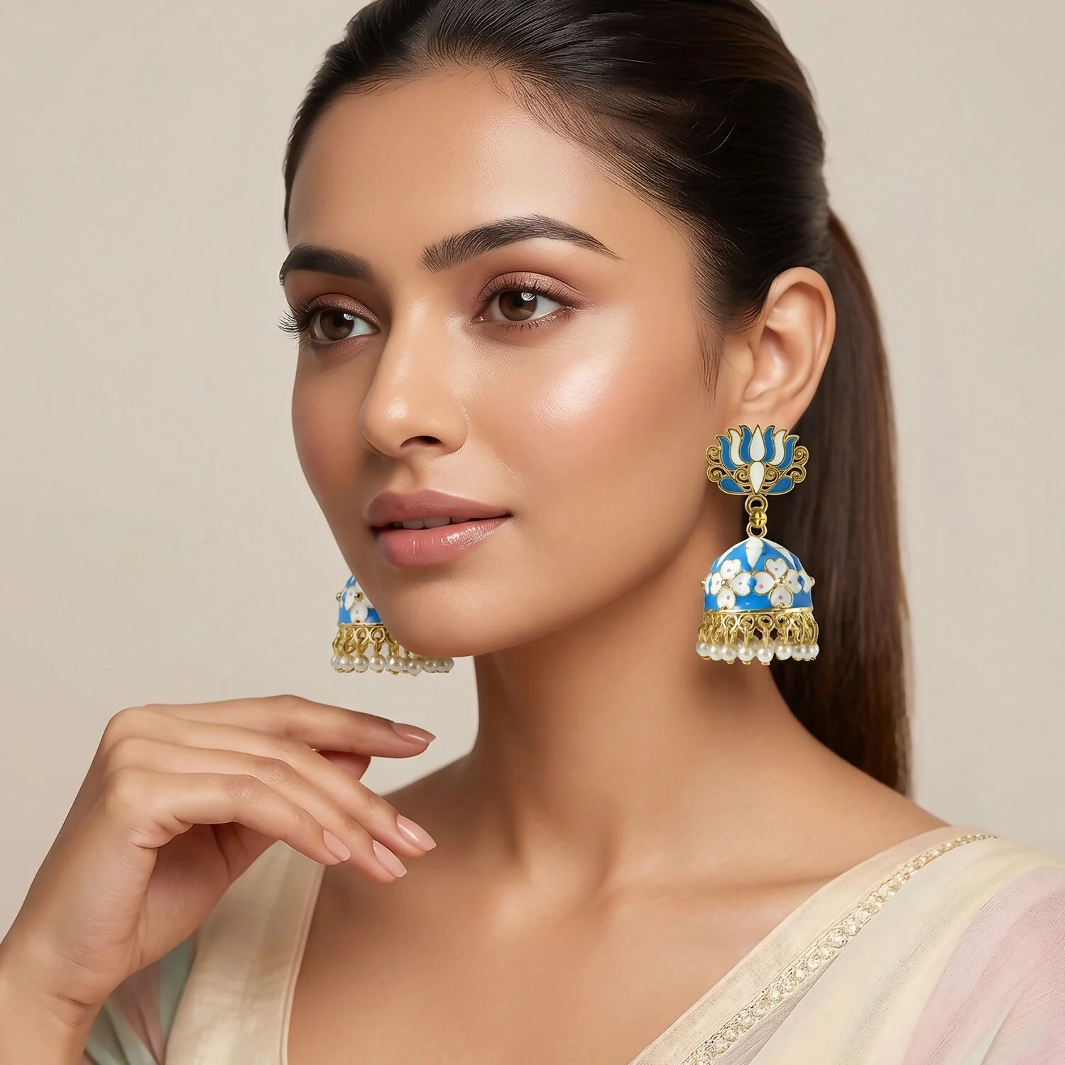 Blue Lotus Jhumka Earrings – Elegant Pearl Drop Design - Image 5