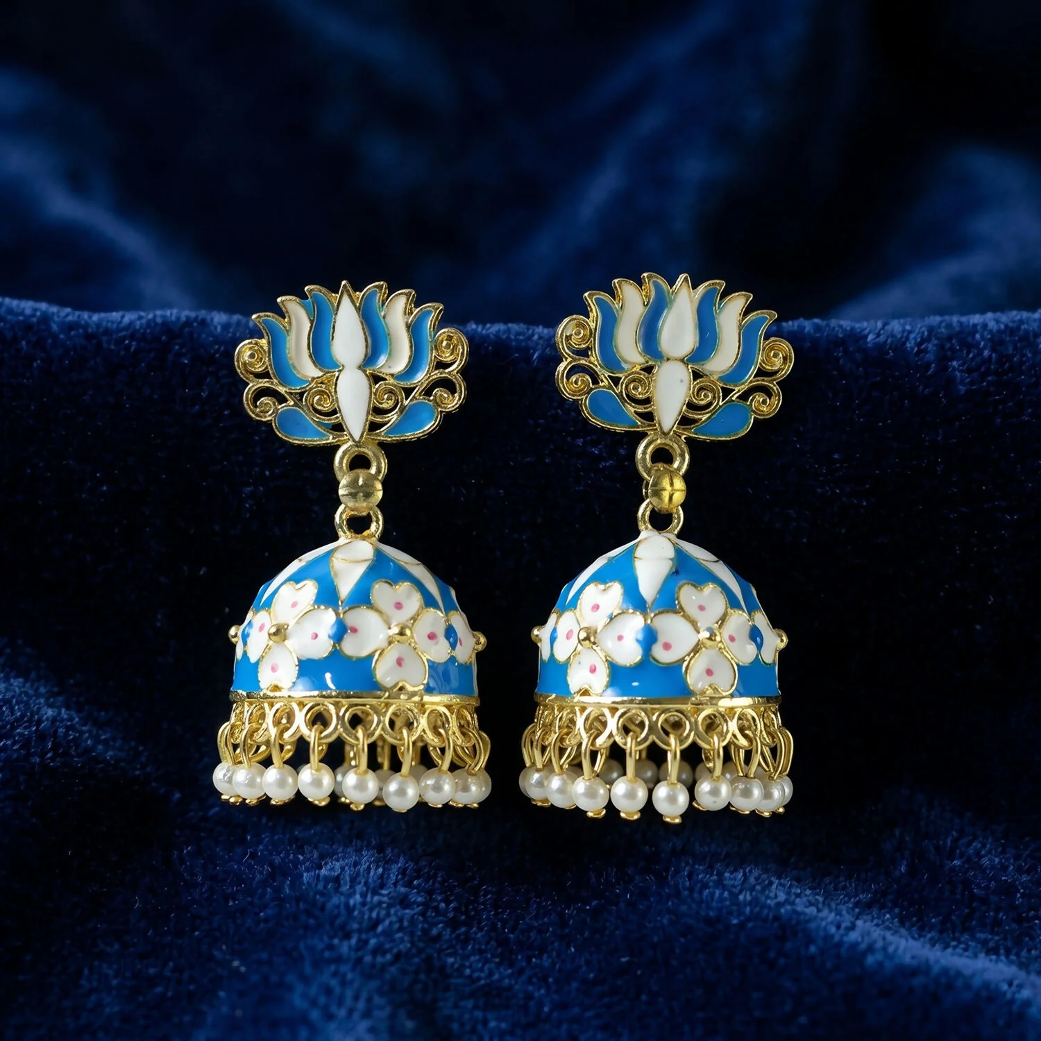 Blue Lotus Jhumka Earrings – Elegant Pearl Drop Design - Image 6