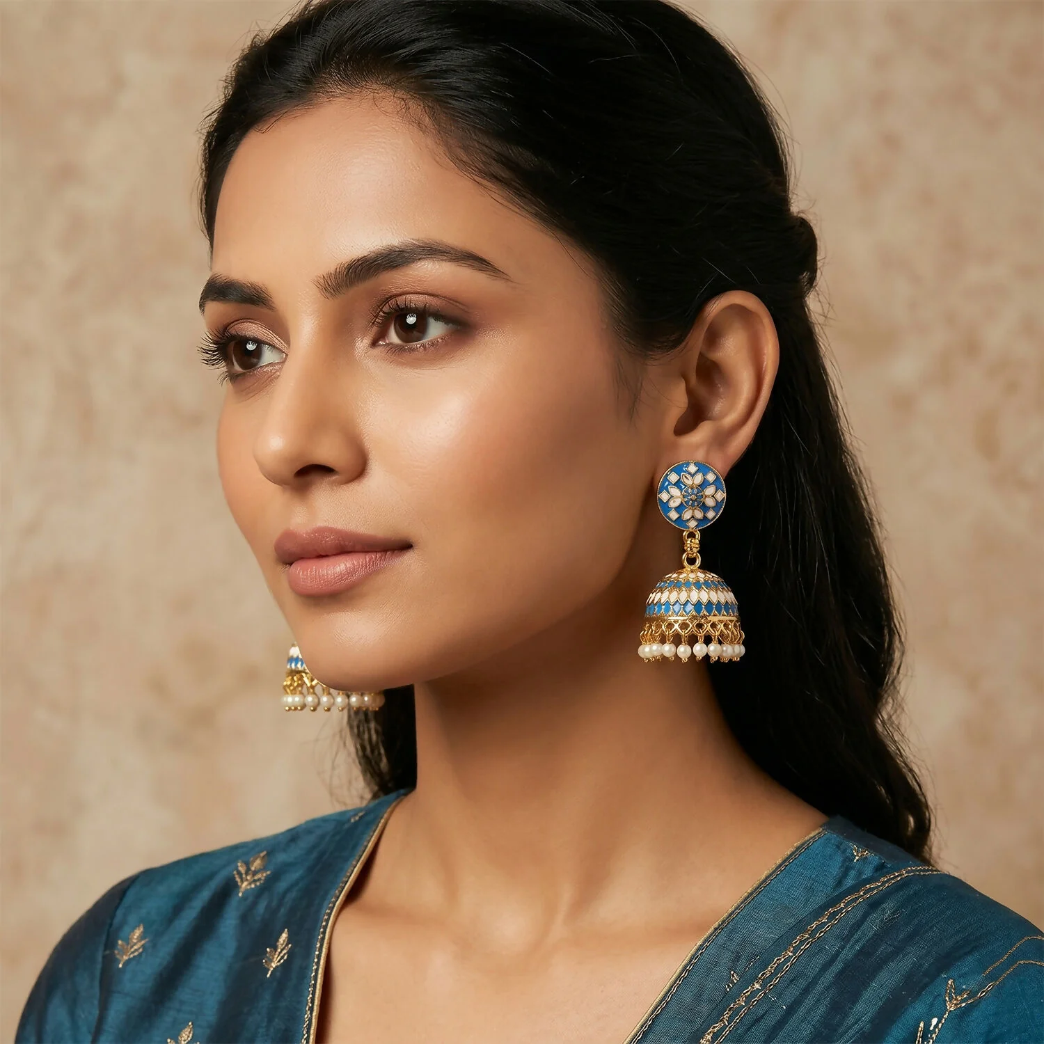Blue Round Stud Jhumka Earrings – Elegant Pearl Detailing for Women - Image 3