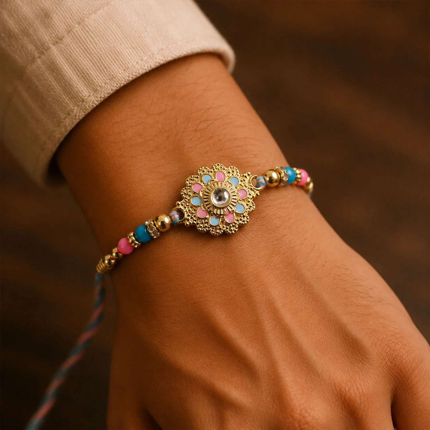 Rakhi – Stylish & Lightweight Floral Kundan Beads Design - Image 3