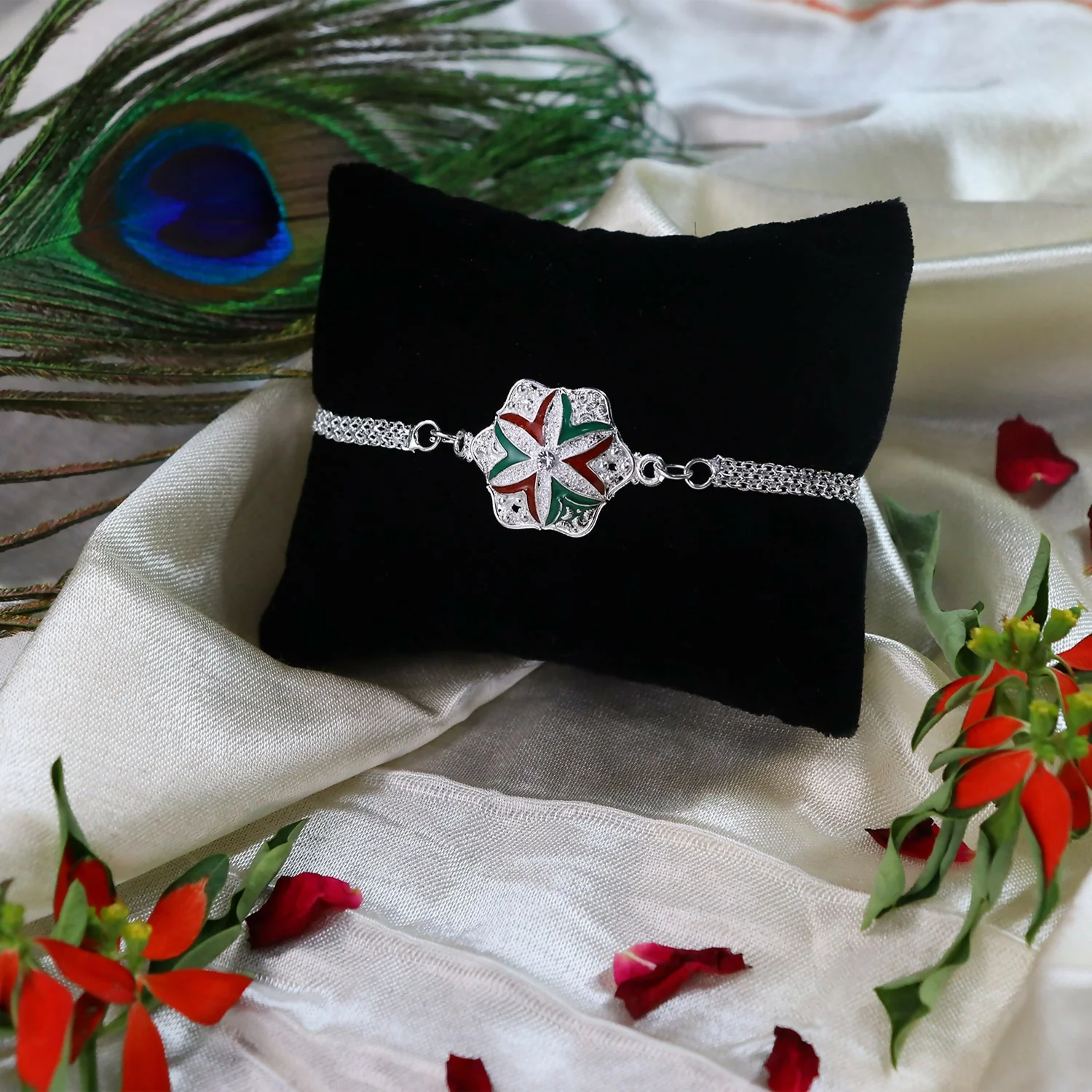 Flower Rakhi with Silver Chain, Elegant Raksha Bandhan Gift - Image 2