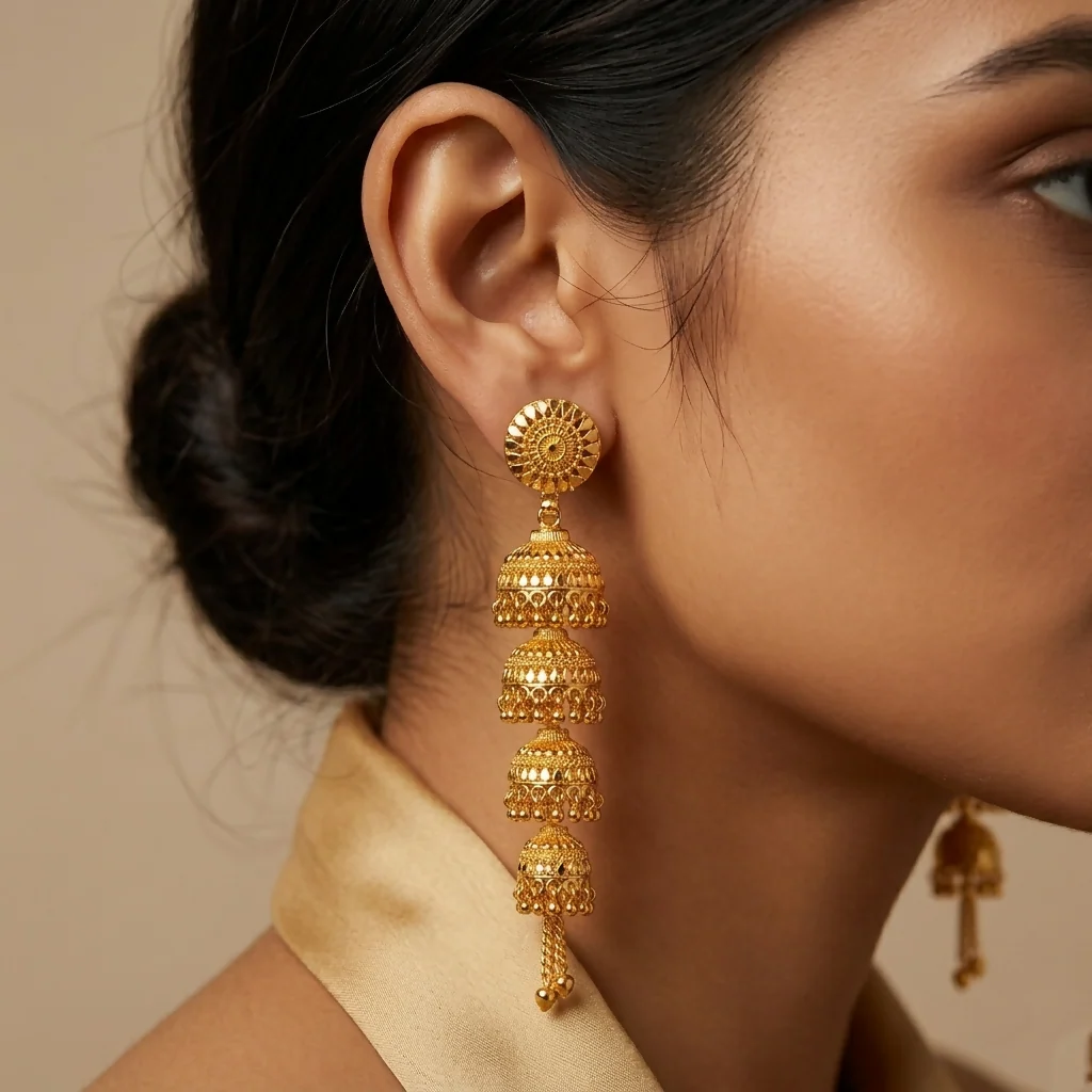 Gold Tone Jhumka Earrings – Elegant Traditional Design for Women - Image 2