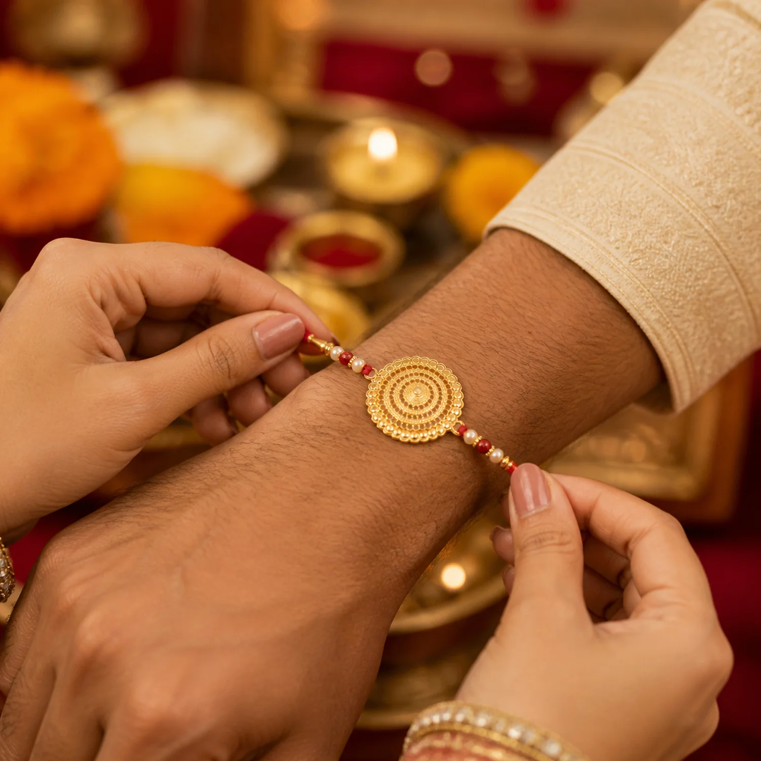 Golden Flower Rakhi – Elegant Designer Thread for Brother - Image 4