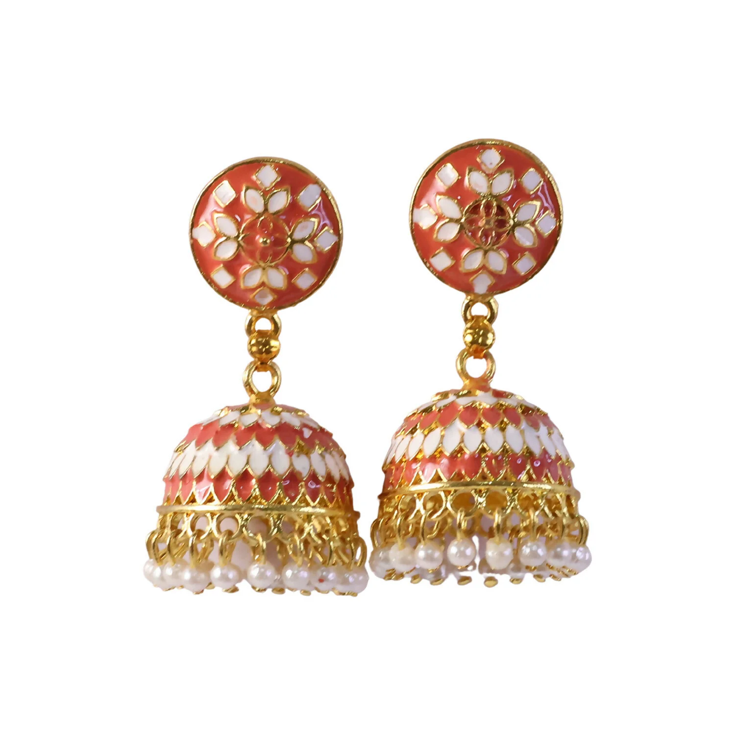 Peach Jhumka Earrings – Traditional with Pearl Drops for Women - Image 4