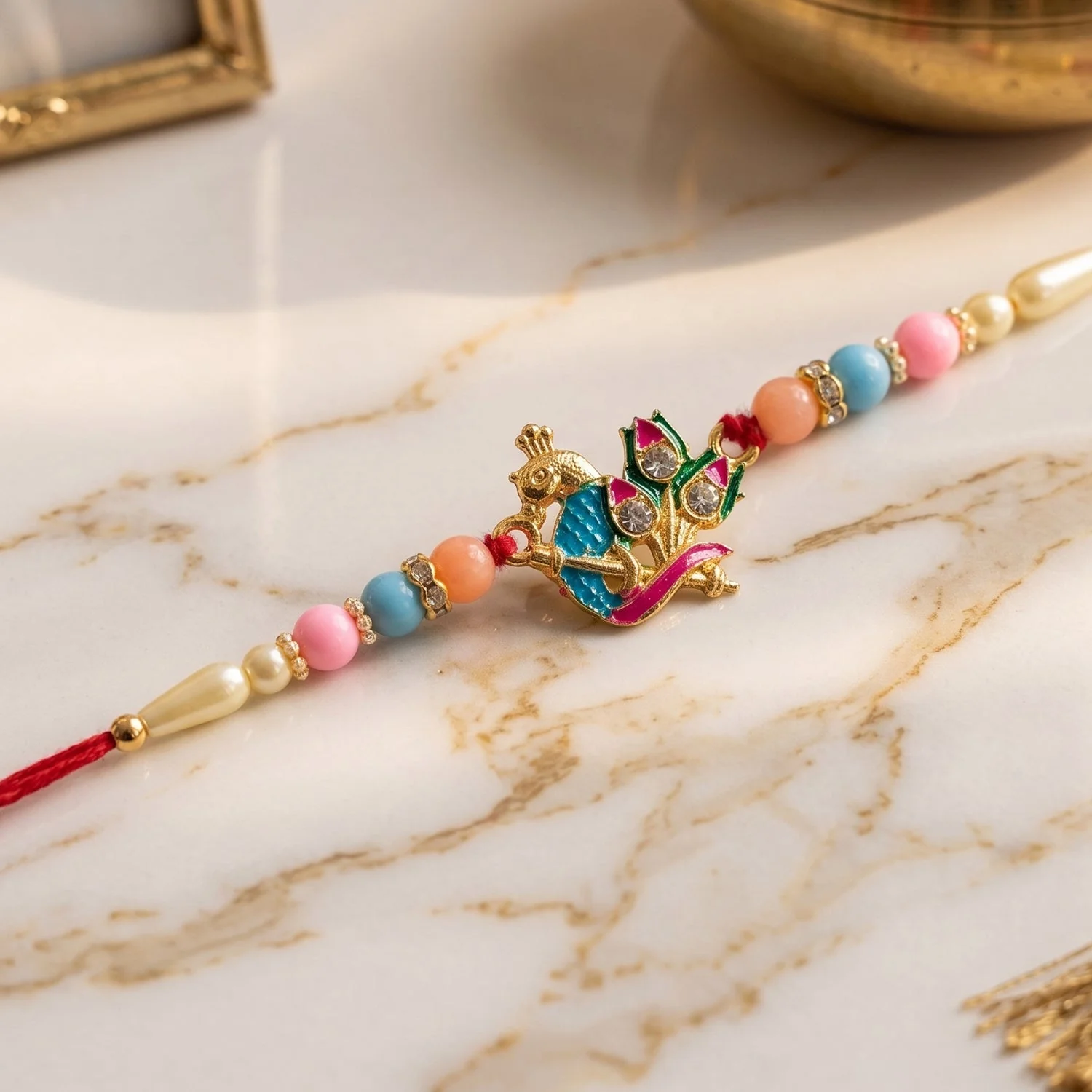 Peacock Rakhi – Elegant Traditional Bracelet for Rakshabandhan - Image 4