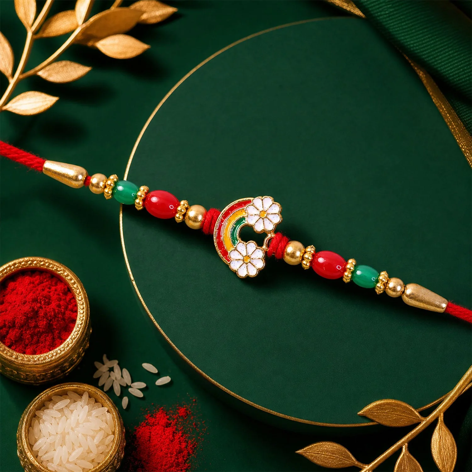 Designer Rainbow Flower Rakhi with Enamel & Beadwork Rakhi for Brother - Image 4