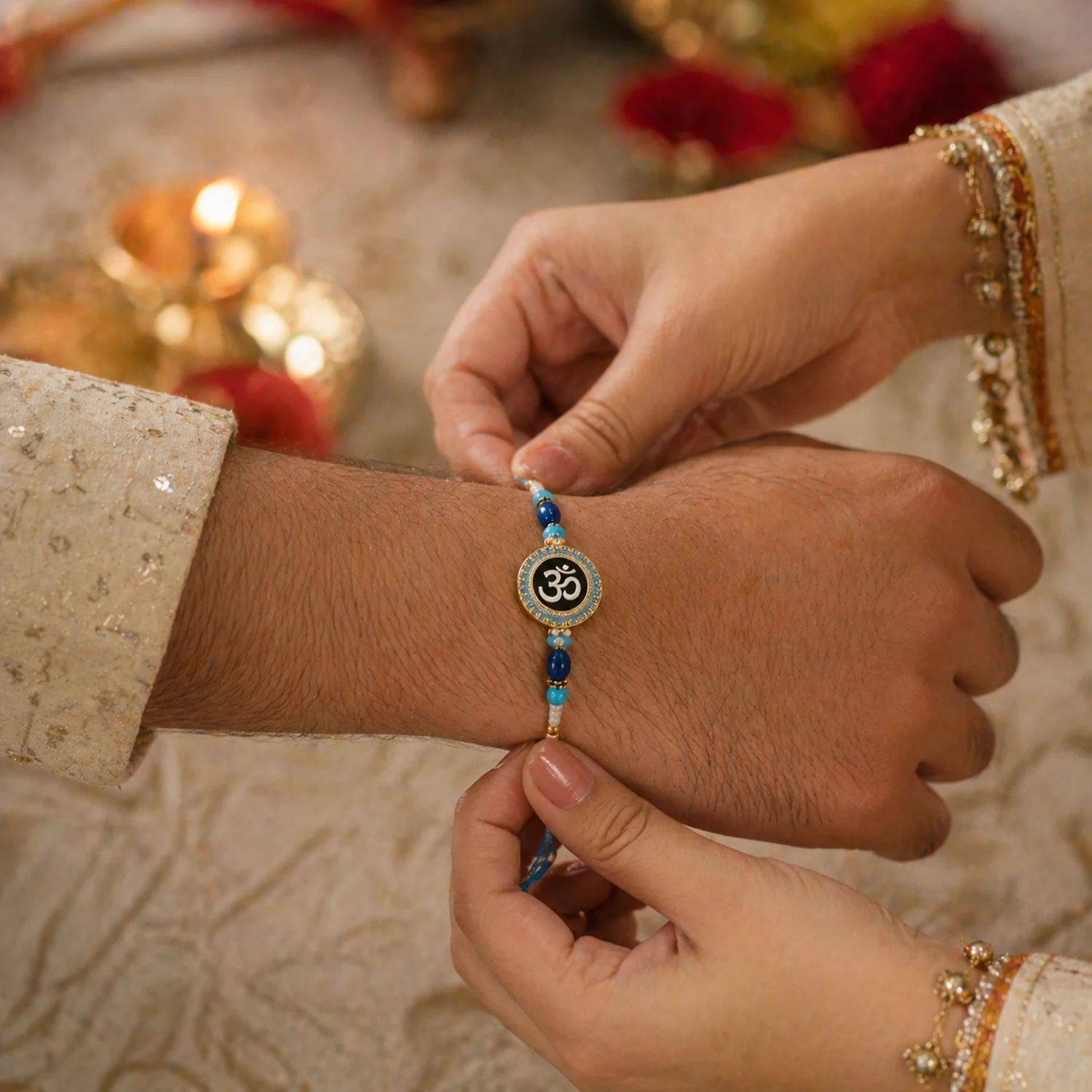 Om Symbol Rakhi – Elegant Beaded Design for Raksha Bandhan - Image 3