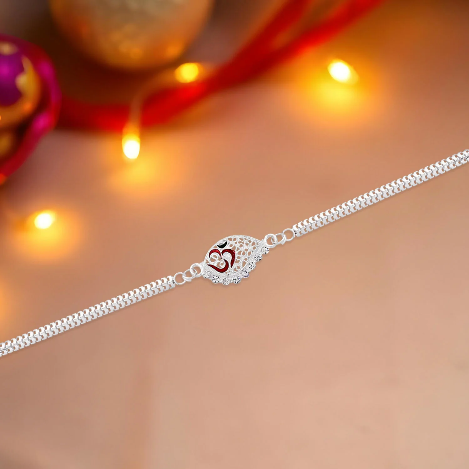 Silver Plated Om Symbol Rakhi – Elegant Dual Chain Design - Image 2