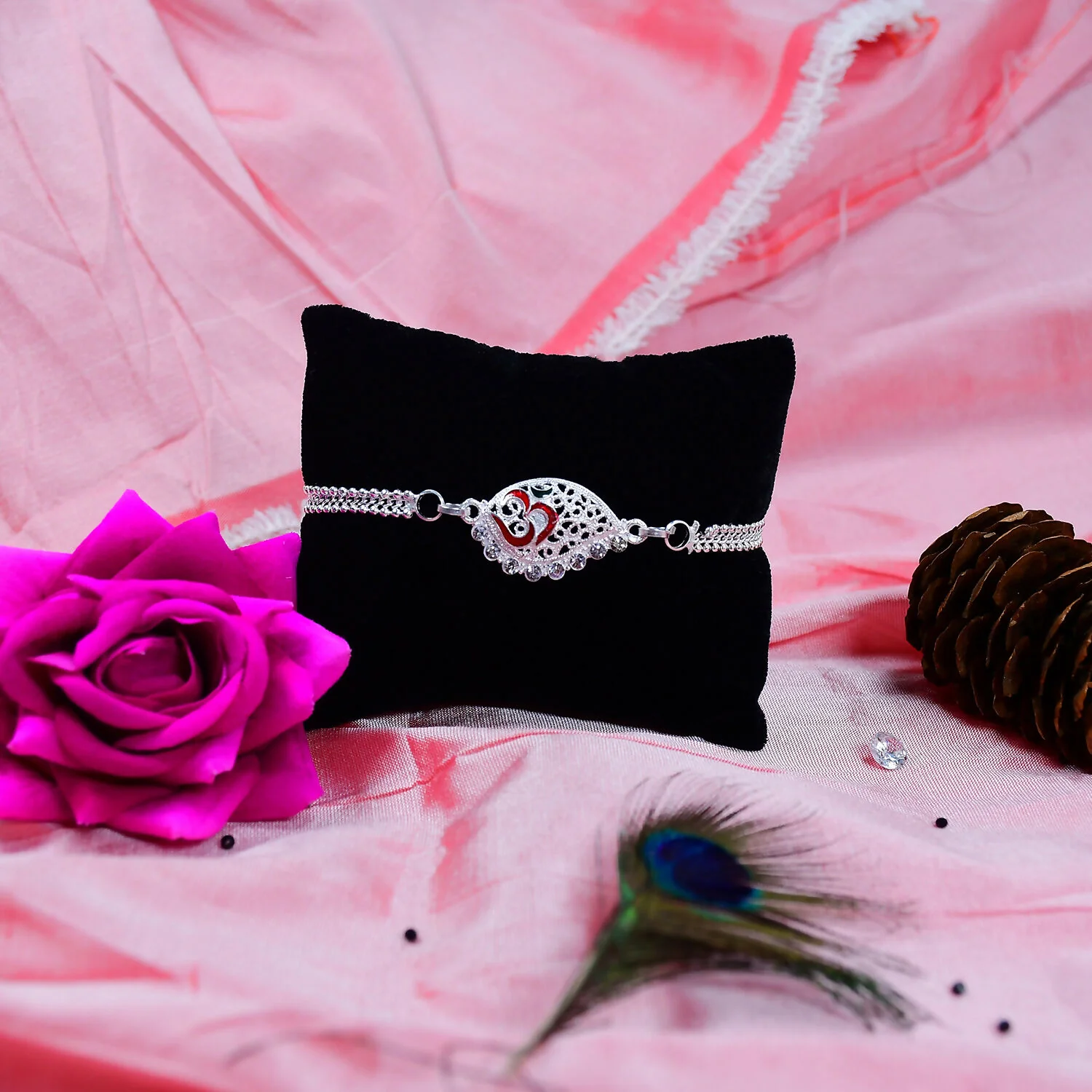 Silver Plated Om Symbol Rakhi – Elegant Dual Chain Design - Image 3