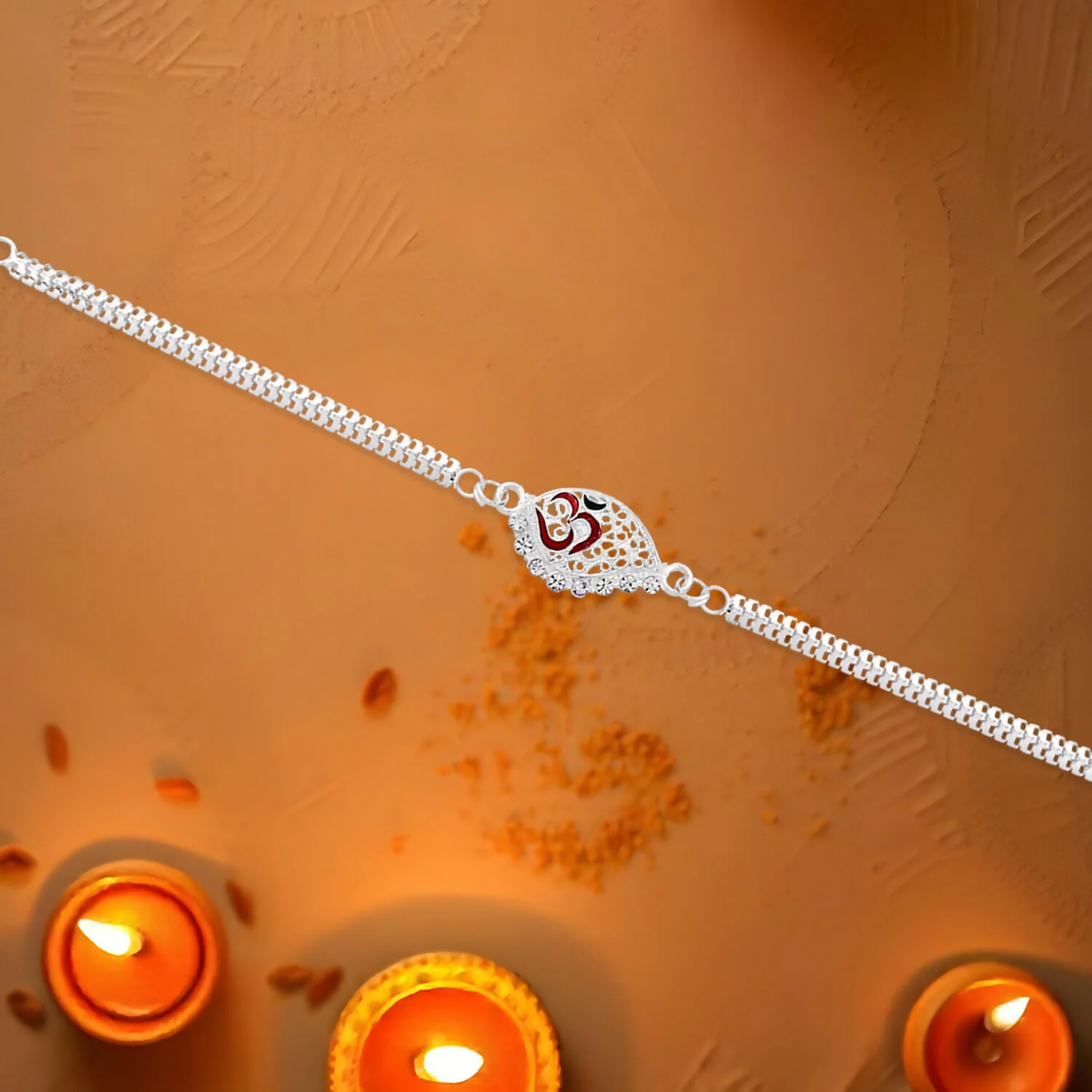 Silver Plated Om Symbol Rakhi – Elegant Dual Chain Design - Image 4