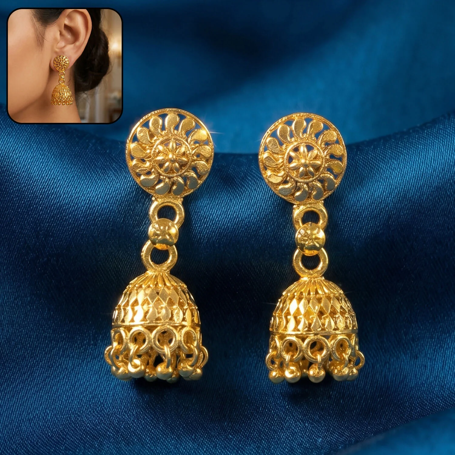 Gold Jhumka Earrings – Elegant Festive Jewelry with Pearl Accents