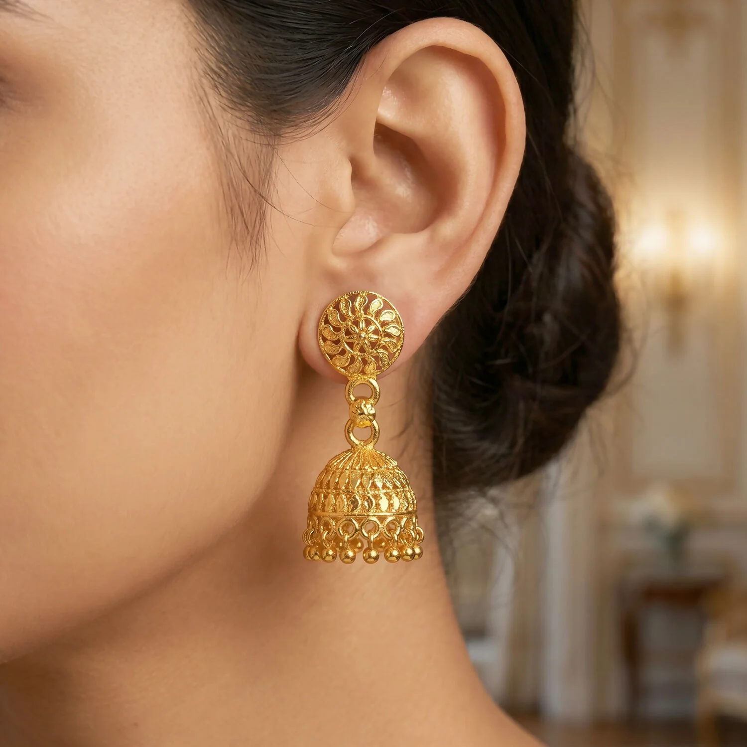 Gold Jhumka Earrings – Elegant Festive Jewelry with Pearl Accents - Image 3
