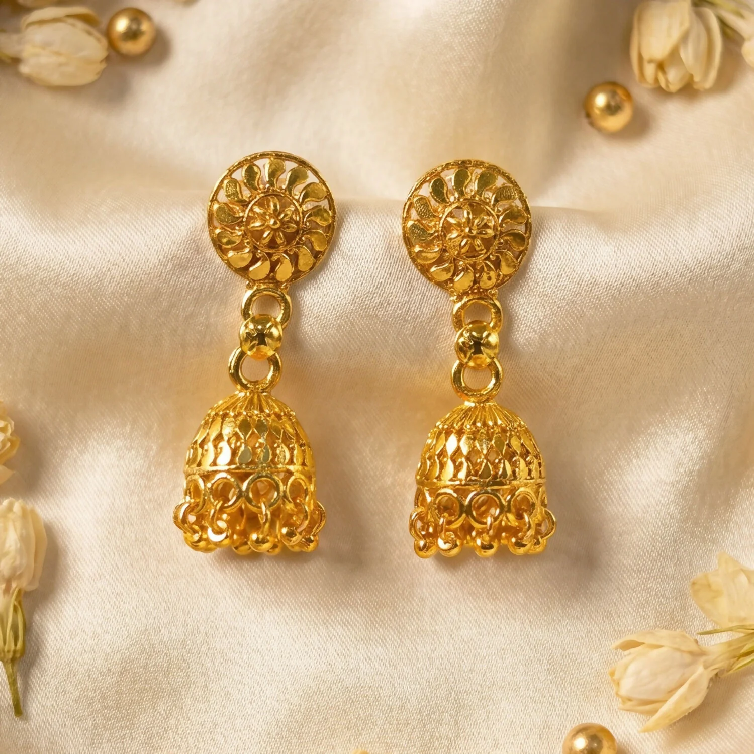Gold Jhumka Earrings – Elegant Festive Jewelry with Pearl Accents - Image 4