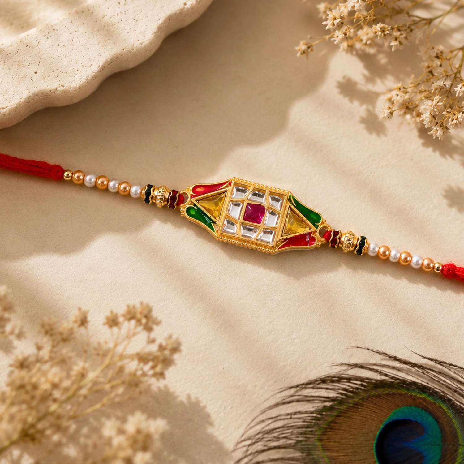 Premium Diamond Charm Designer Rakhi for Brother with Pearl Beads - Image 2
