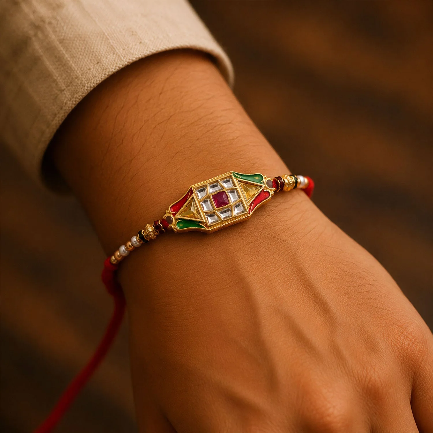 Premium Diamond Charm Designer Rakhi for Brother with Pearl Beads - Image 3