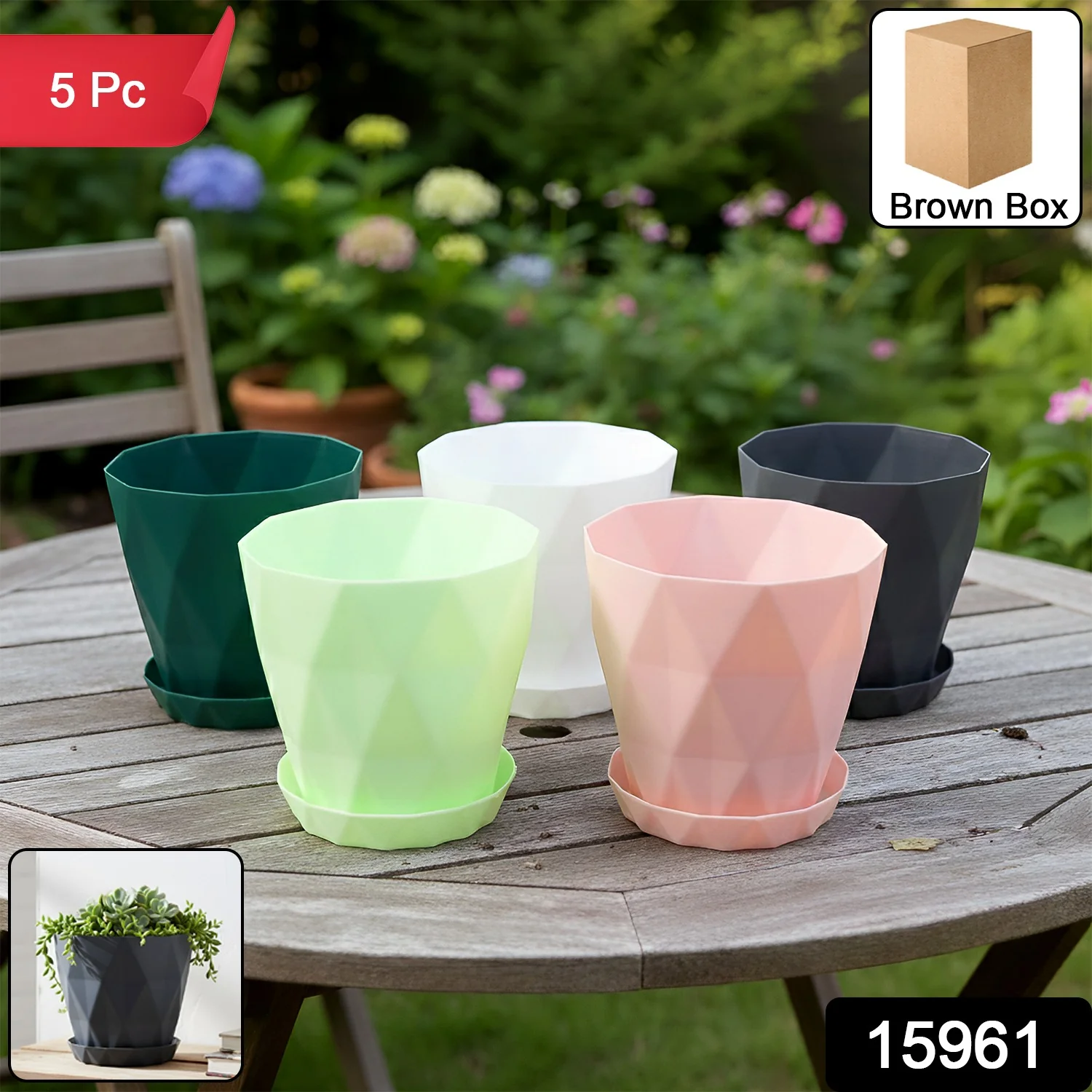 Diamond Design Plastic Flower Pot Set – Stylish 5-Piece Planters with Drain Tray - Image 2