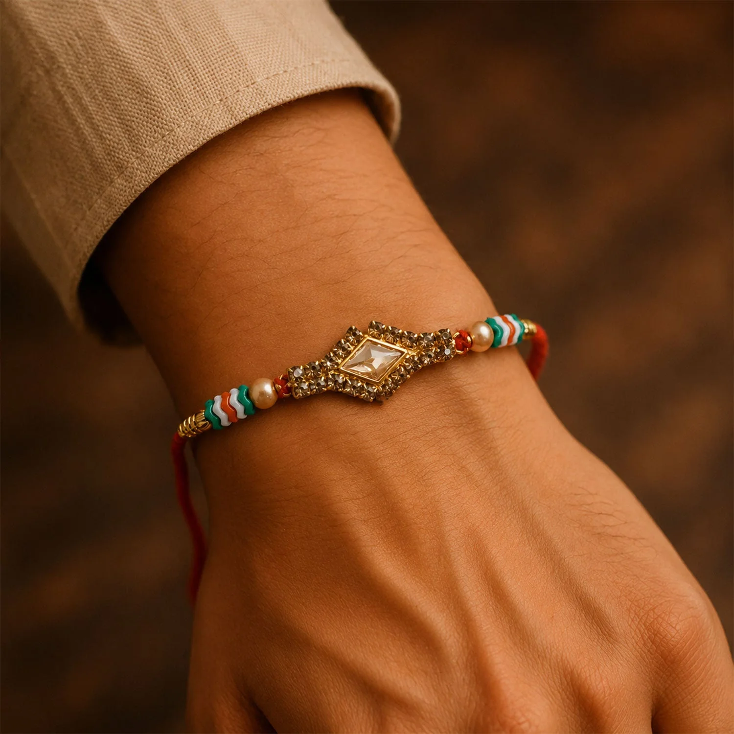 Kundan Rakhi for Brother – Diamond Pearl Stone Design - Image 2