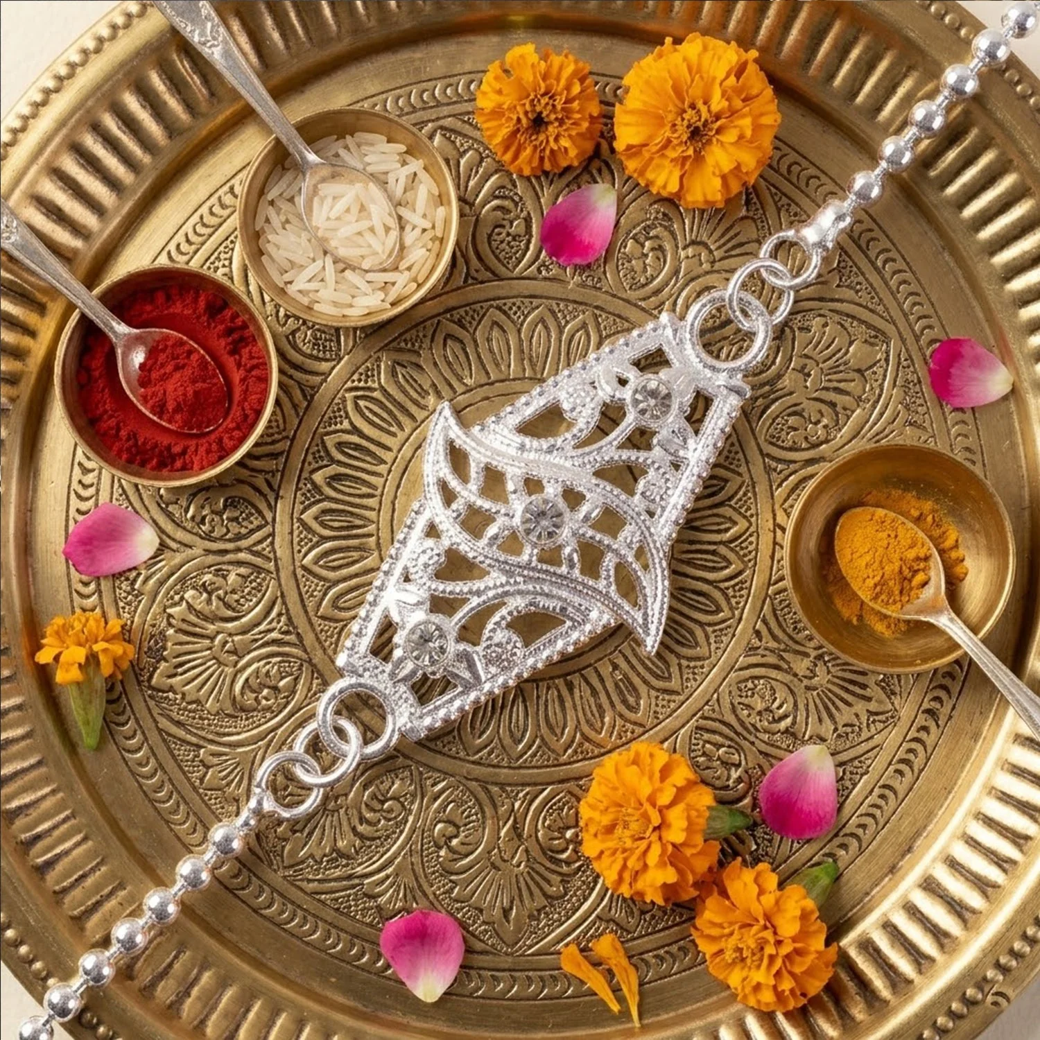 Diamond Shape Leaf Stone Studded Chain Bracelet Rakhi – Elegant & Festive - Image 3