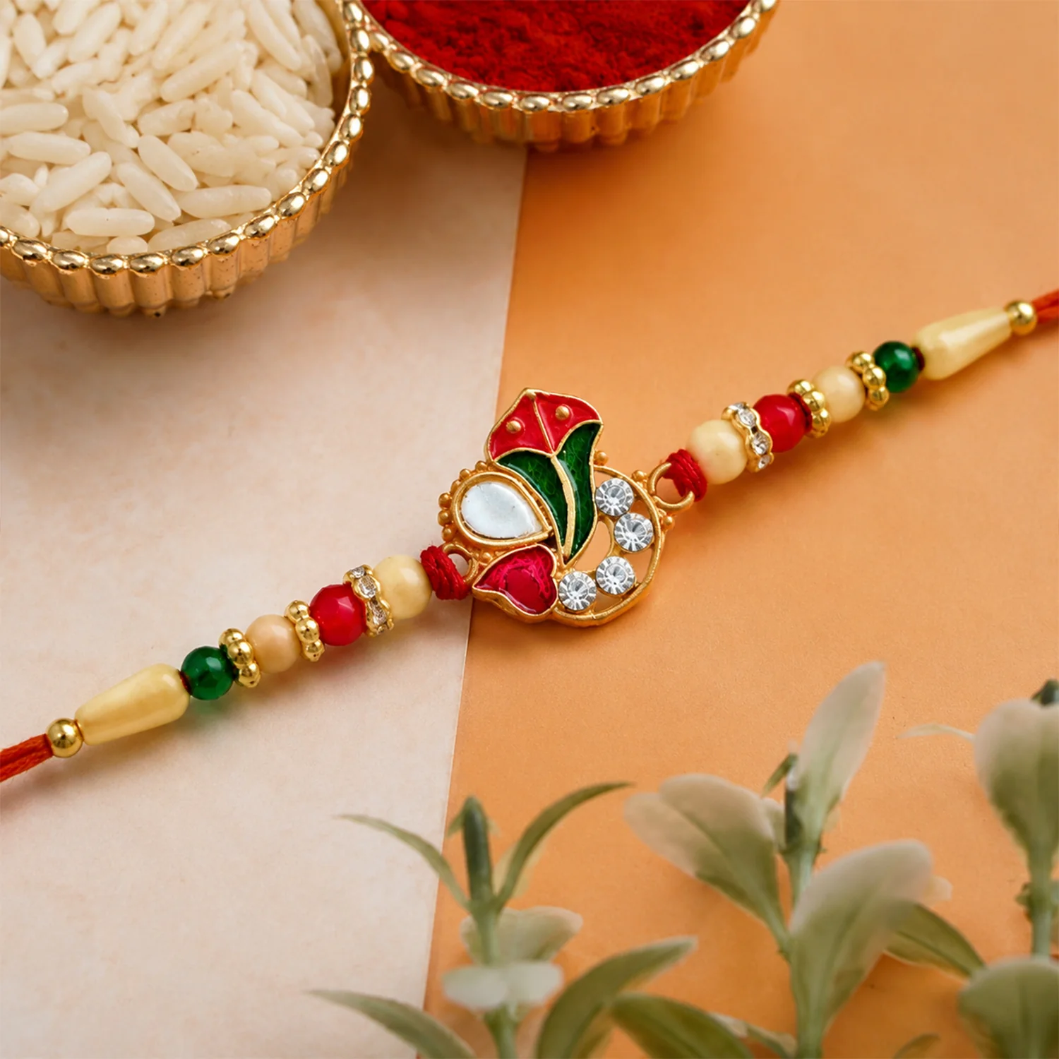 Ganpati Rakhi with Enamel Work and Traditional Beads – Divine Blessing - Image 2