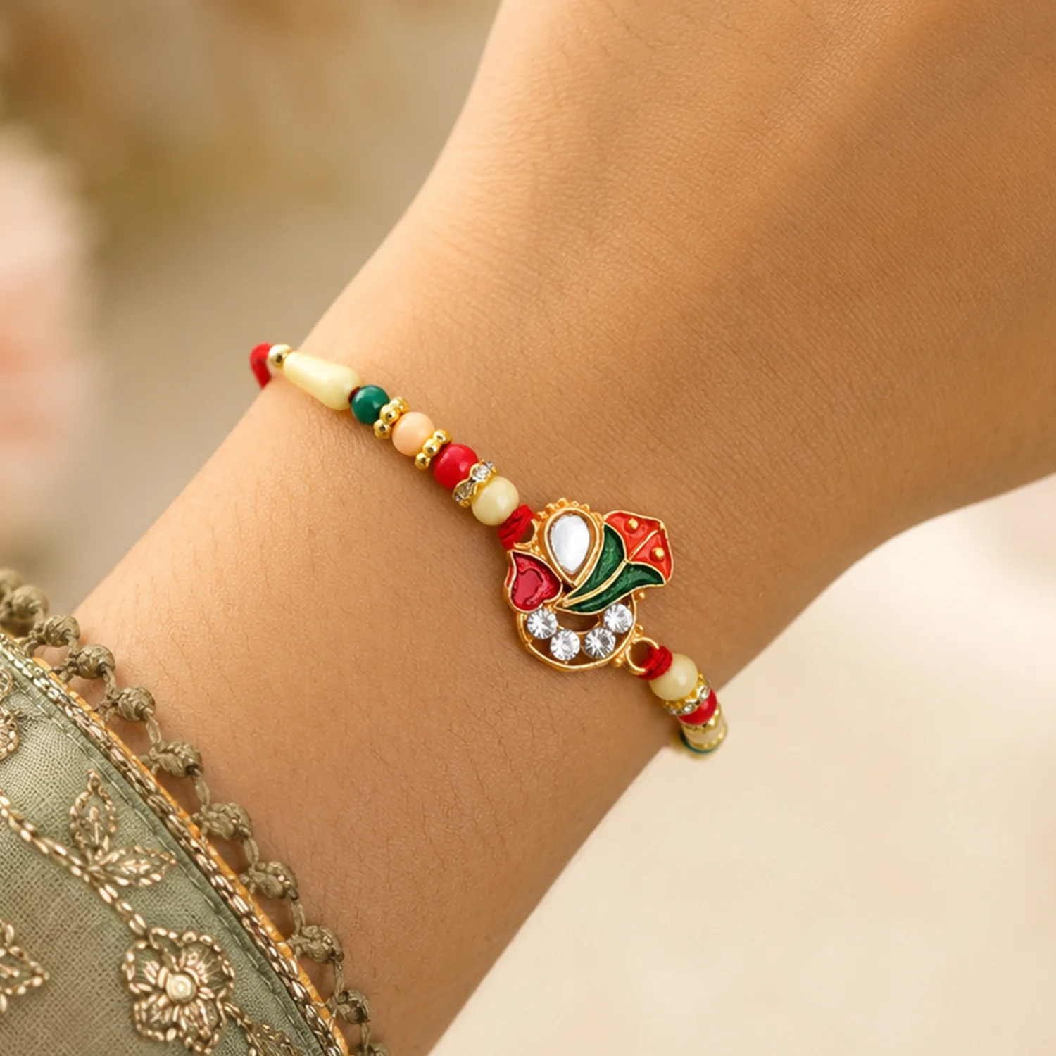Ganpati Rakhi with Enamel Work and Traditional Beads – Divine Blessing - Image 4
