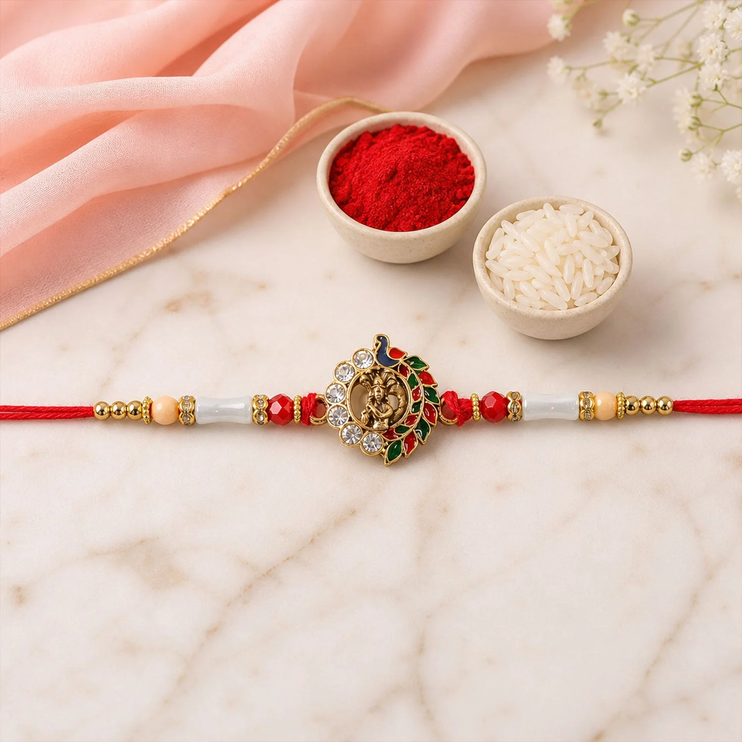 Divine Krishna Peacock Rakhi with Stones & Beads Rakhi for Brother - Image 4
