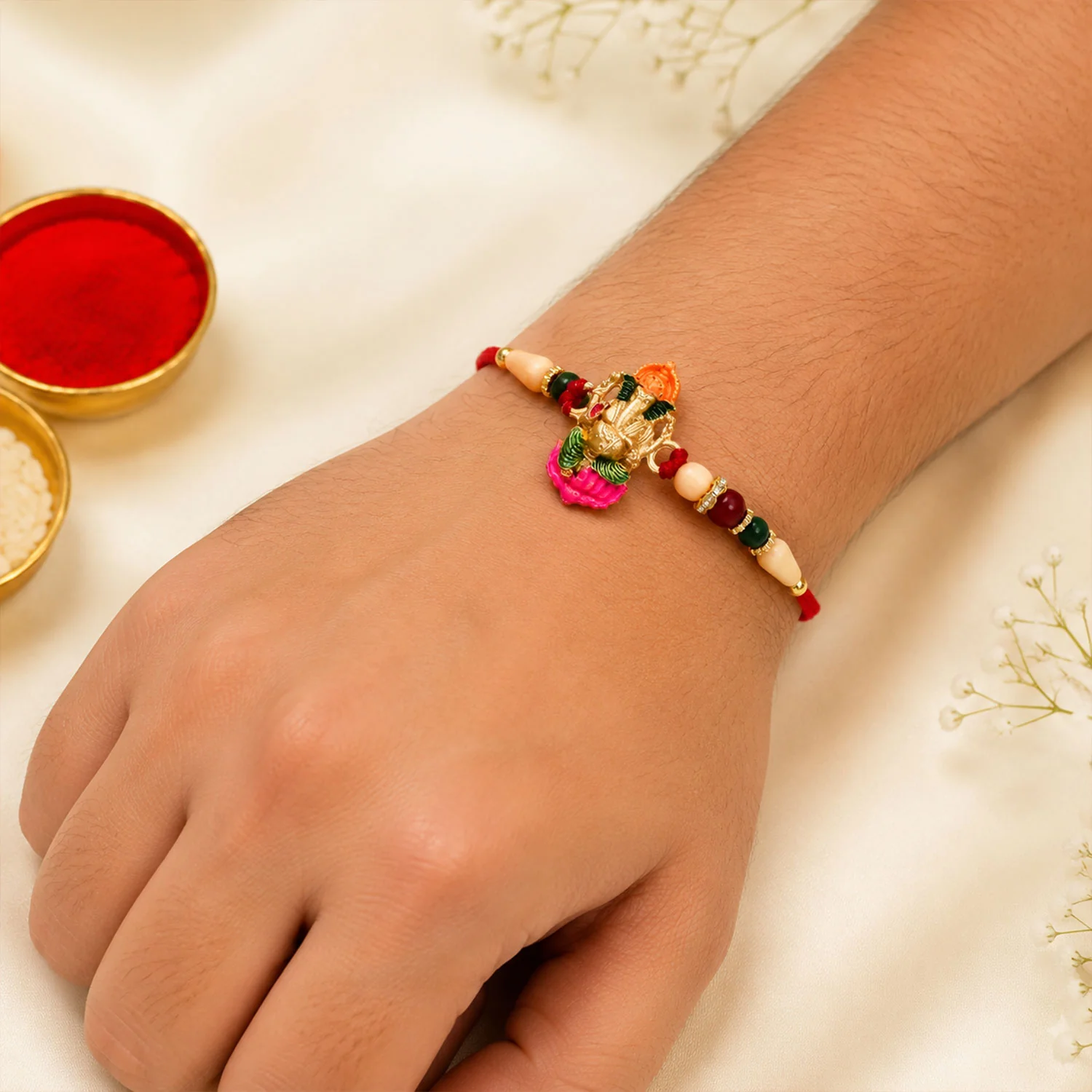 Ganesha Rakhi – Traditional Wooden Beads with Colorful Accents - Image 4