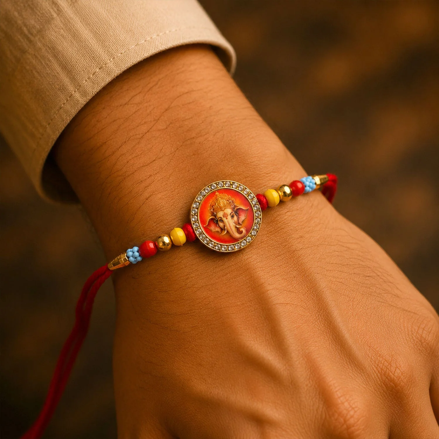 Divine Lord Ganesha Stone-Studded Beaded Rakhi for Brother - Image 2