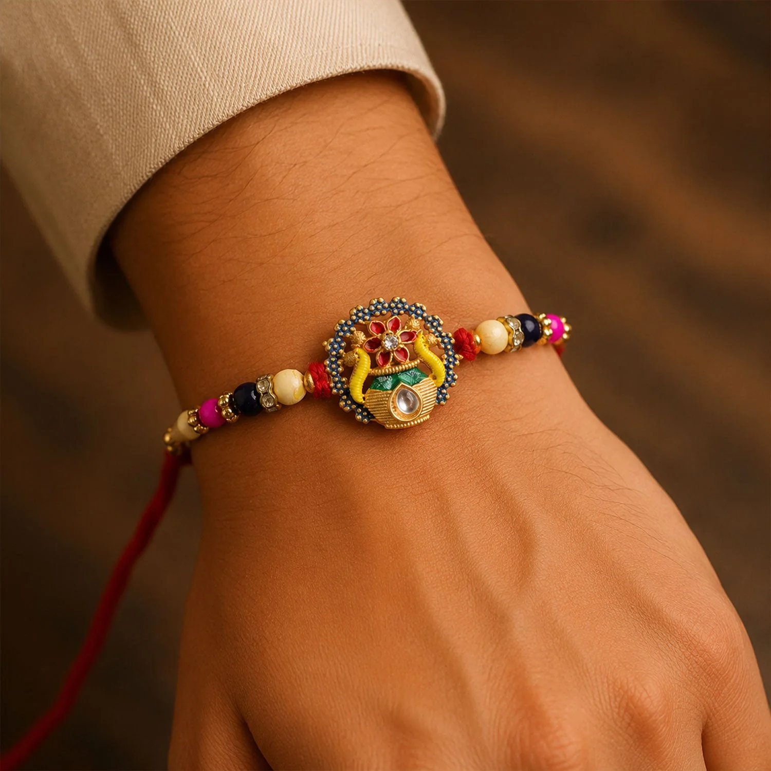 Divine Mangal Kalash Rakhi with Kundan & Meenakari – Rakhi for Brother - Image 2