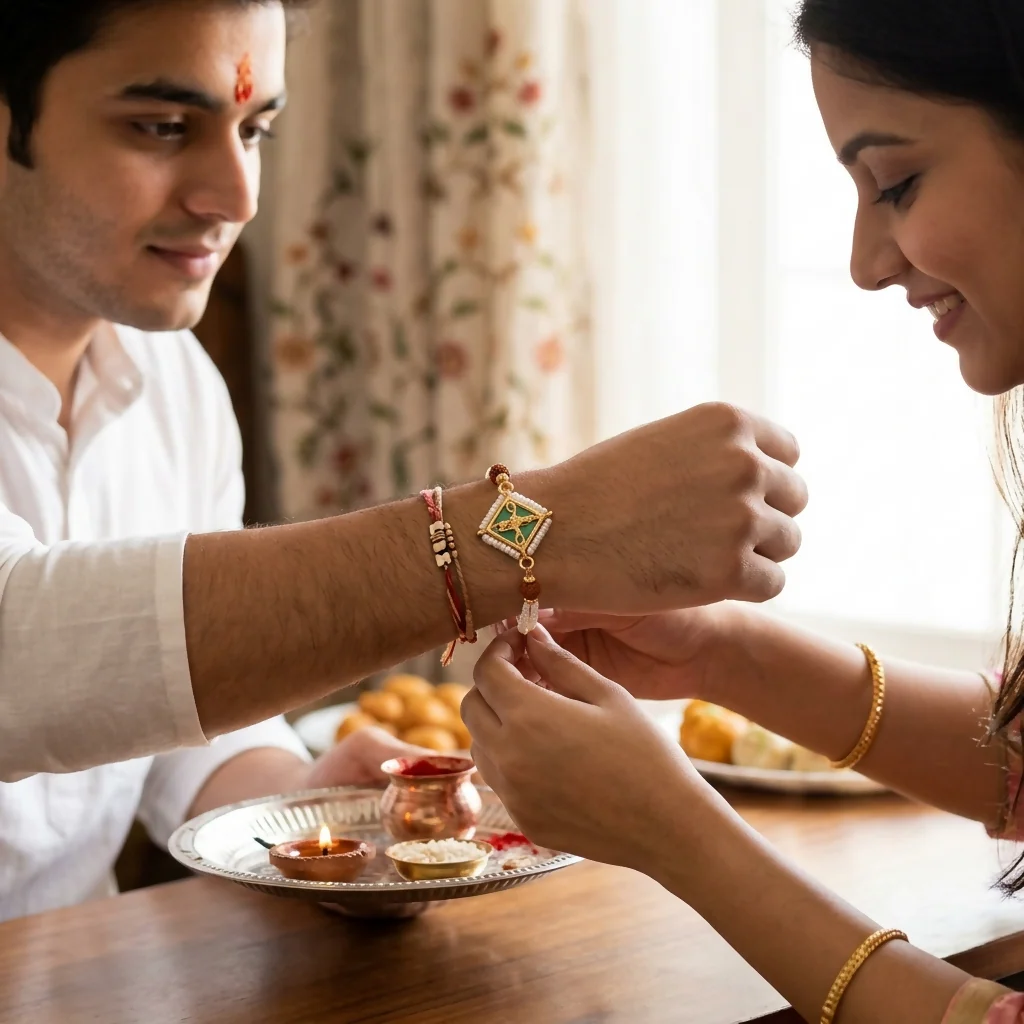 Kundan Meenakari Rakhi Set – Multicolor Rudraksha & Pearl - Image 3