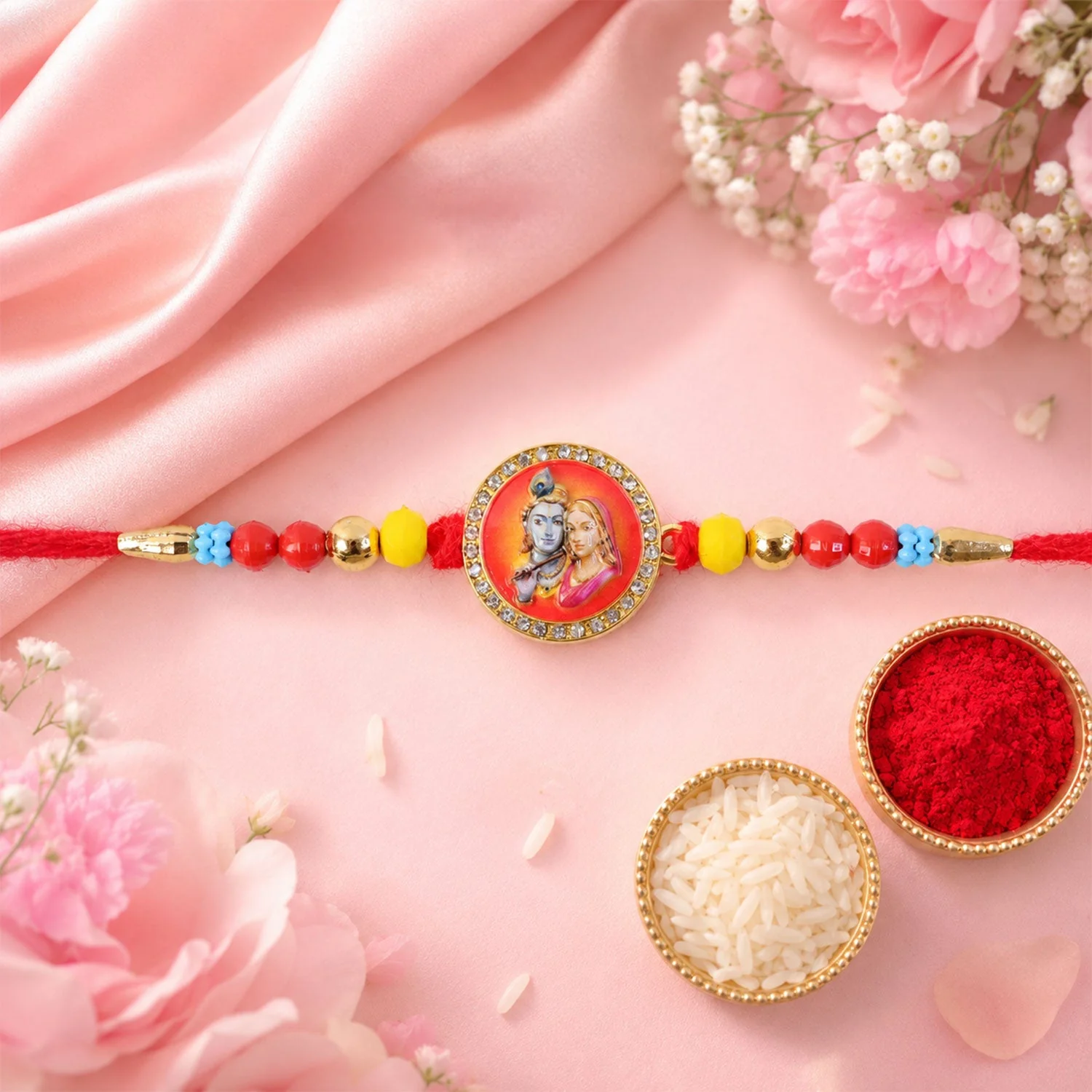 Divine Radha Krishna Stone-Studded Beaded Rakhi for Brother - Image 4