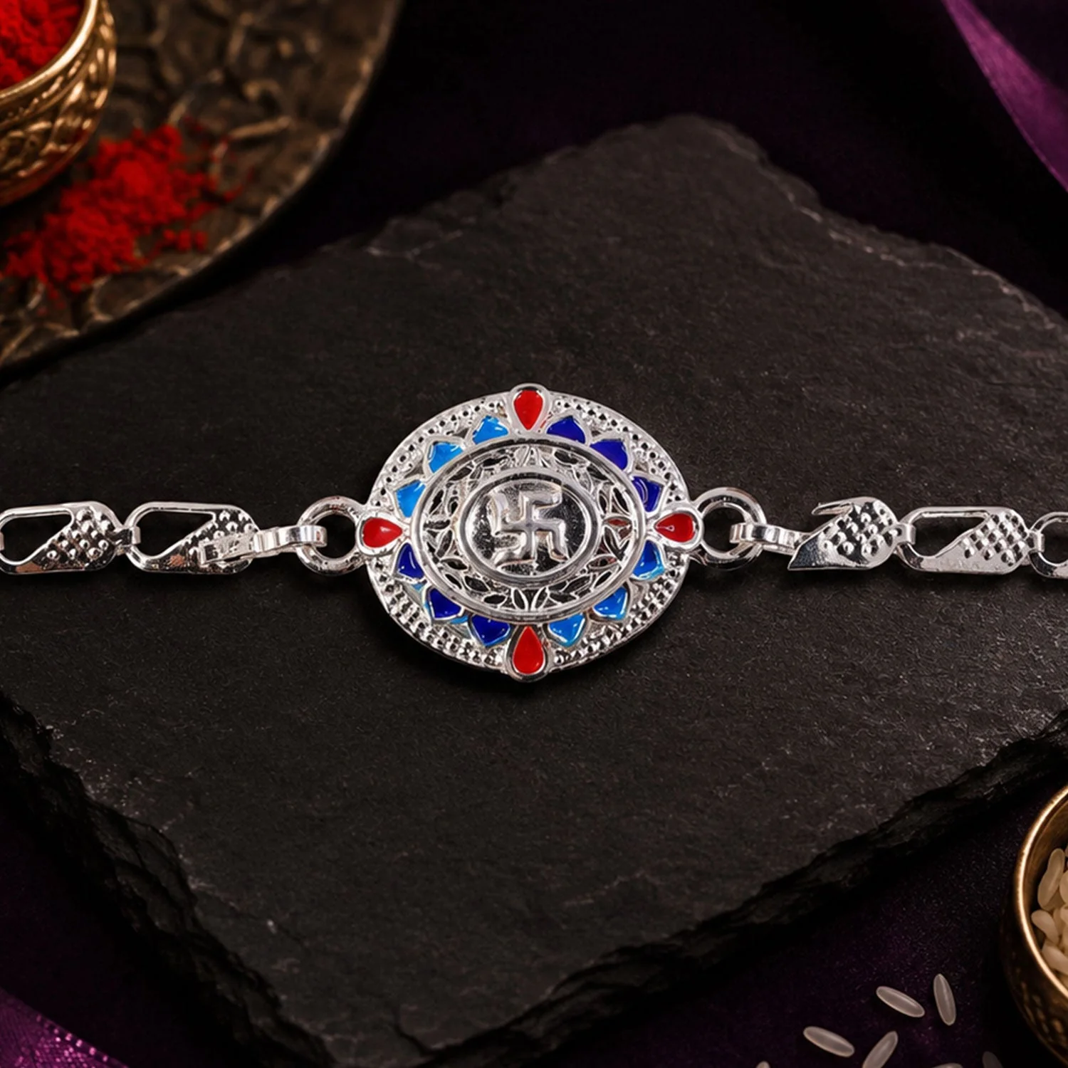 Divine Swastik Round Meenakari Stone-Studded Chain Rakhi for Brother - Image 3